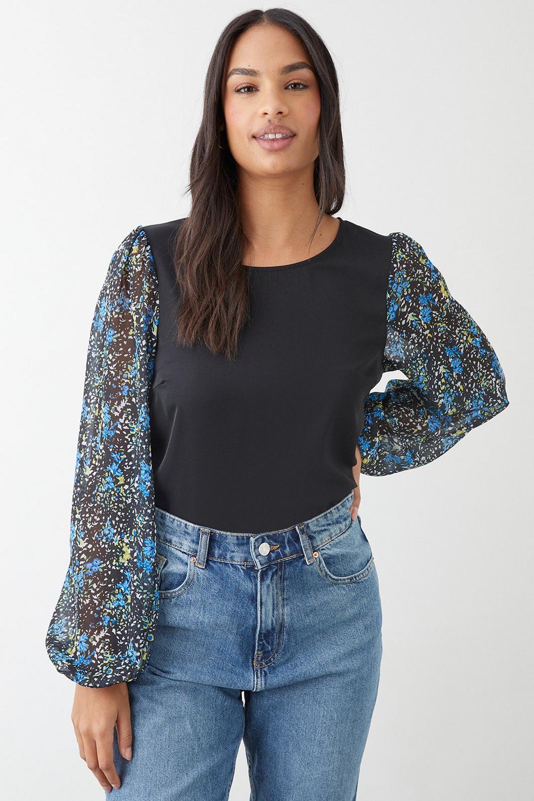 Blue Floral Chiffon Contrast Sleeve Blouse image number 1