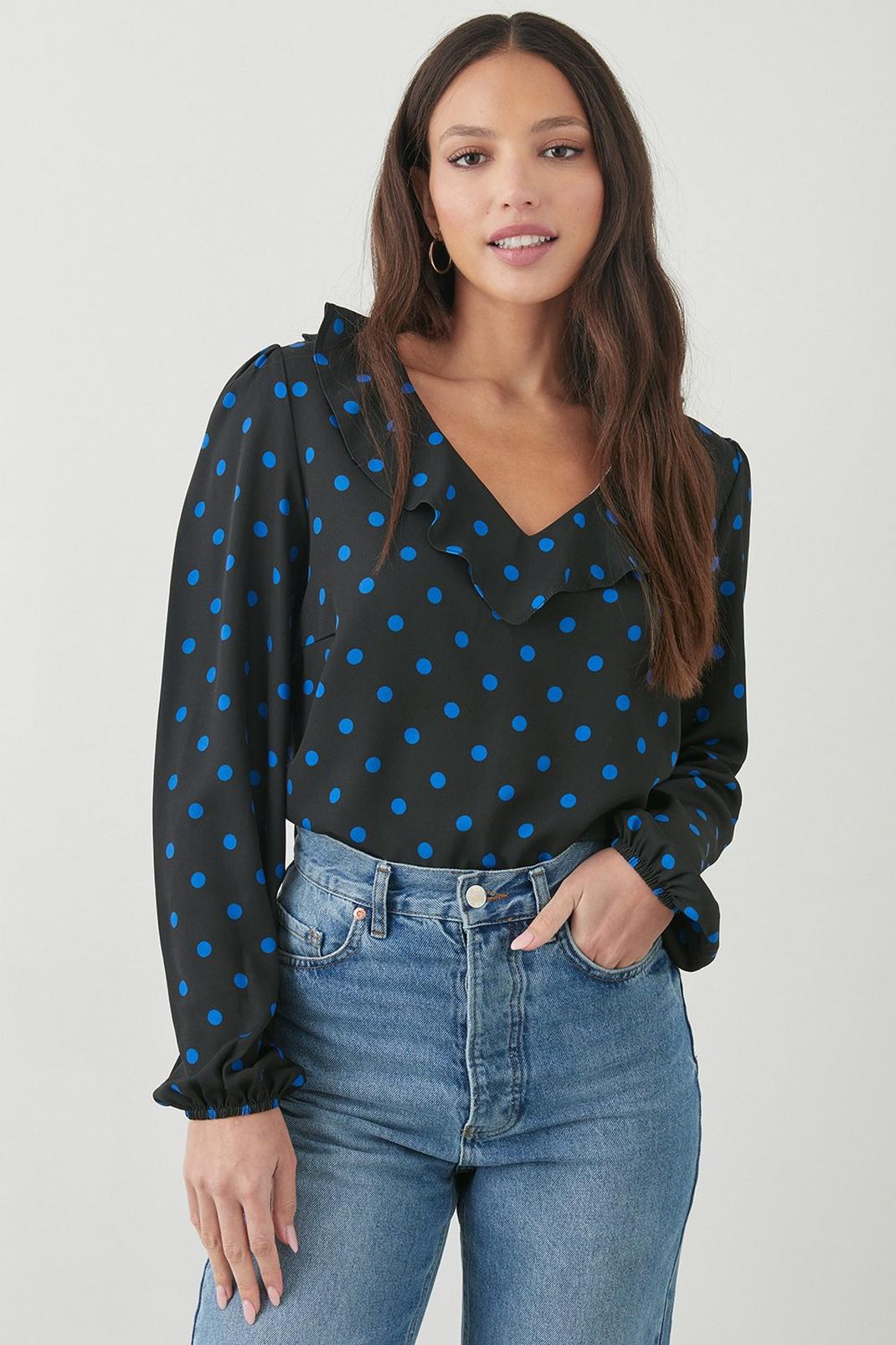 Black Tall Blue Spot Frill Neck Blouse image number 1