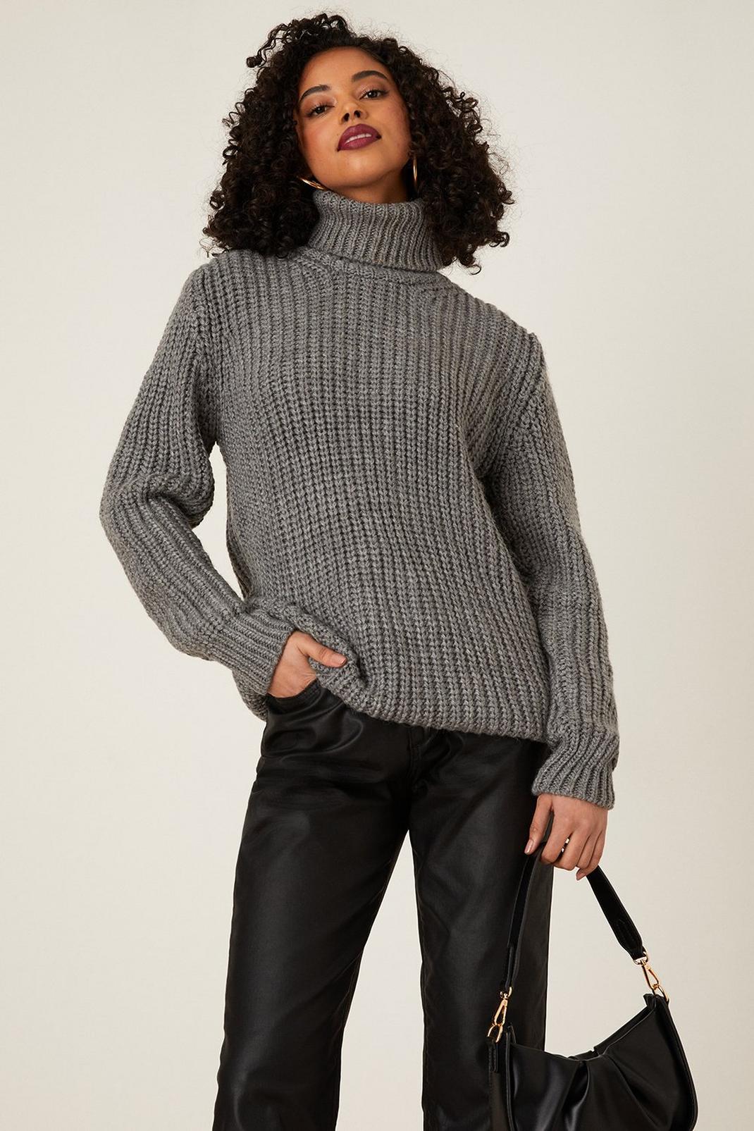Grey Petite Chunky Roll Neck Jumper image number 1
