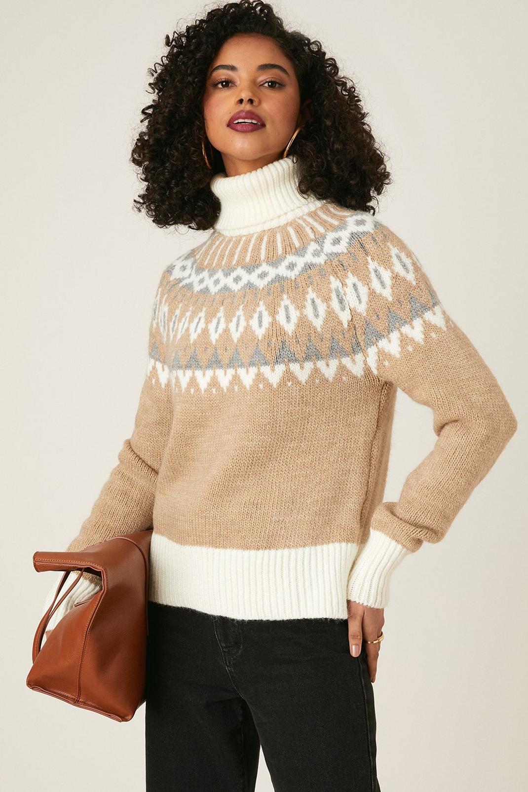 Neutral Petite High Neck Fairisle Knitted Jumper image number 1