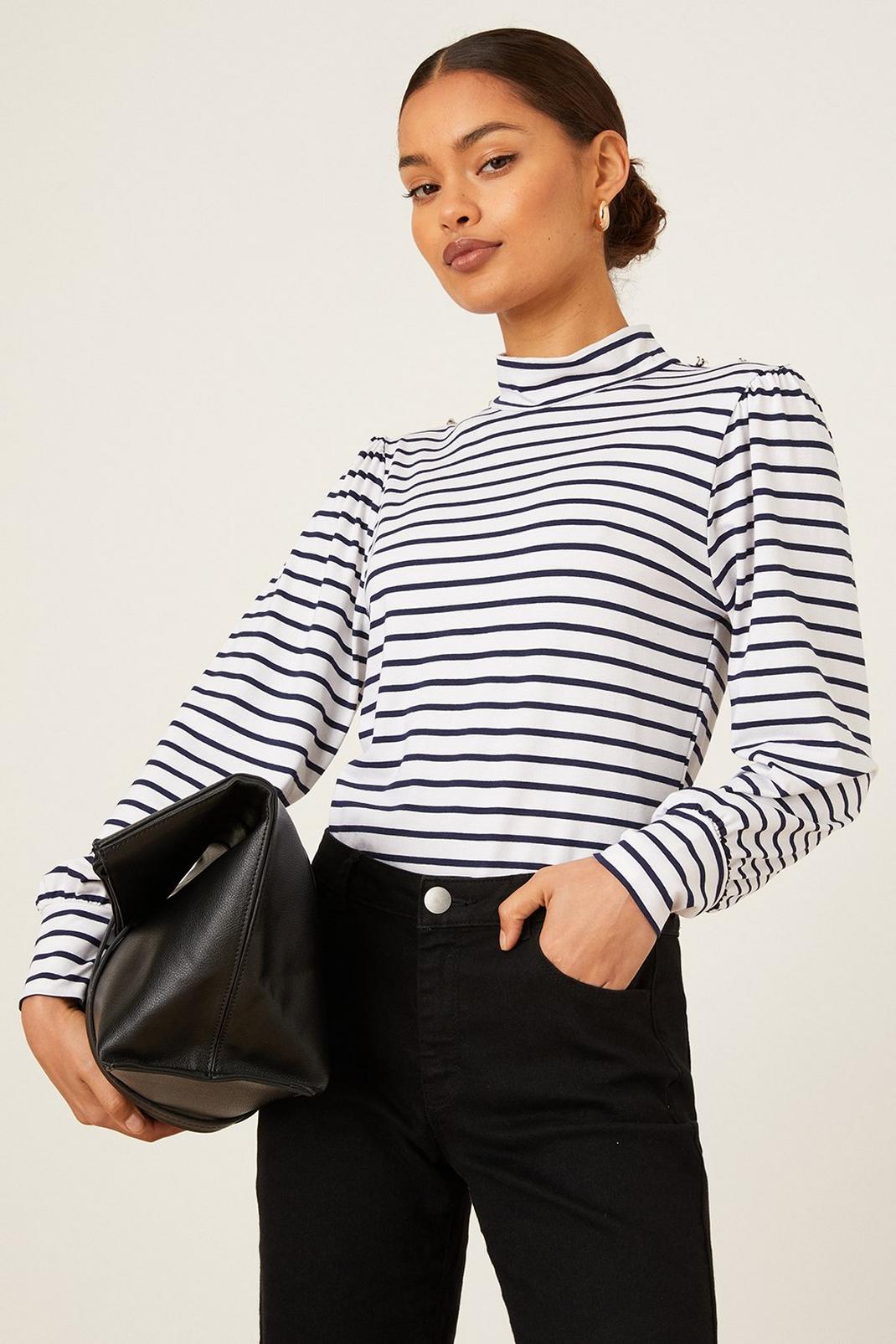 Ivory Petite Stripe Button Detail Long Sleeve Top image number 1