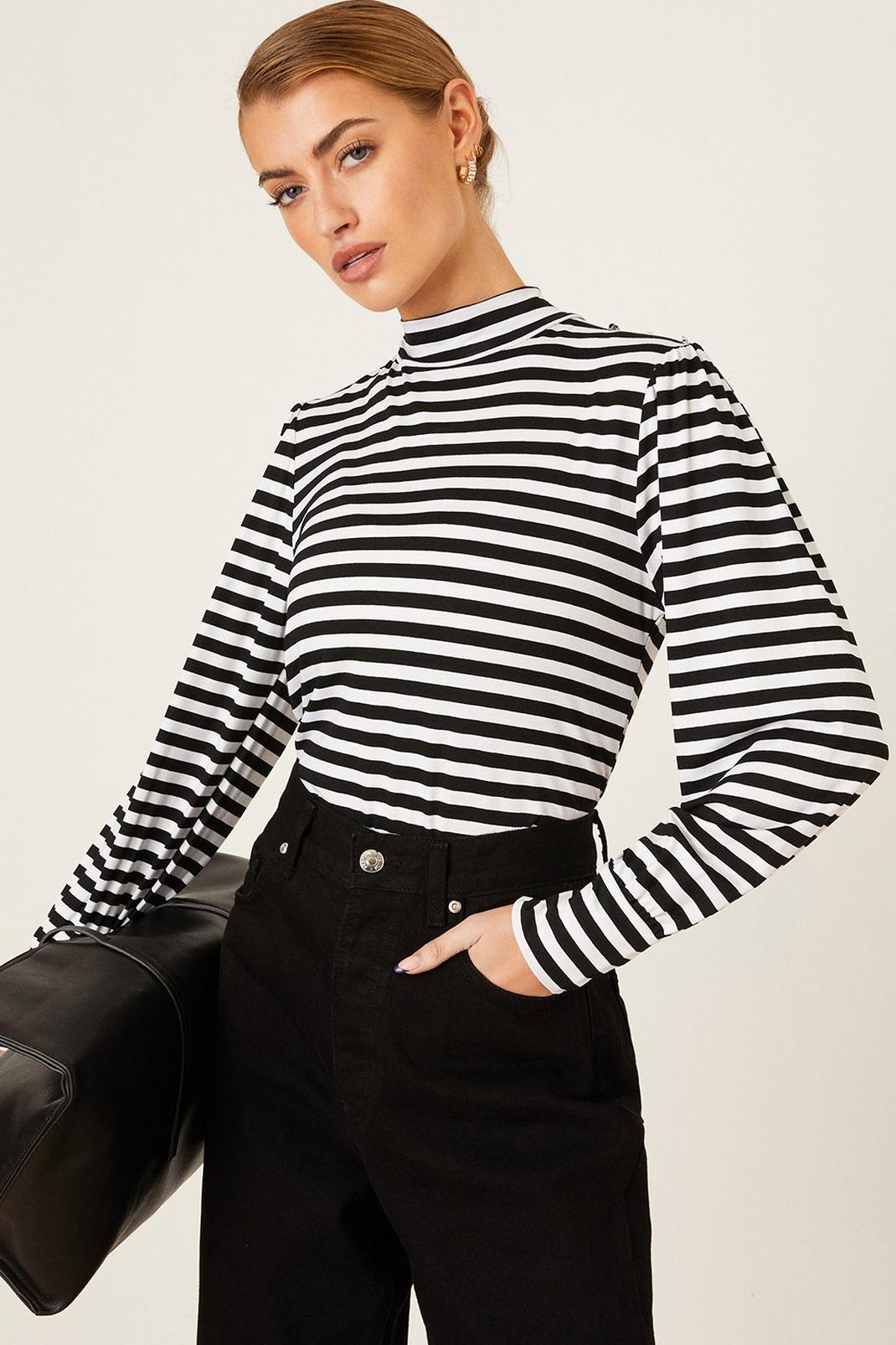 Black Striped Button Detail Long Sleeve Top image number 1
