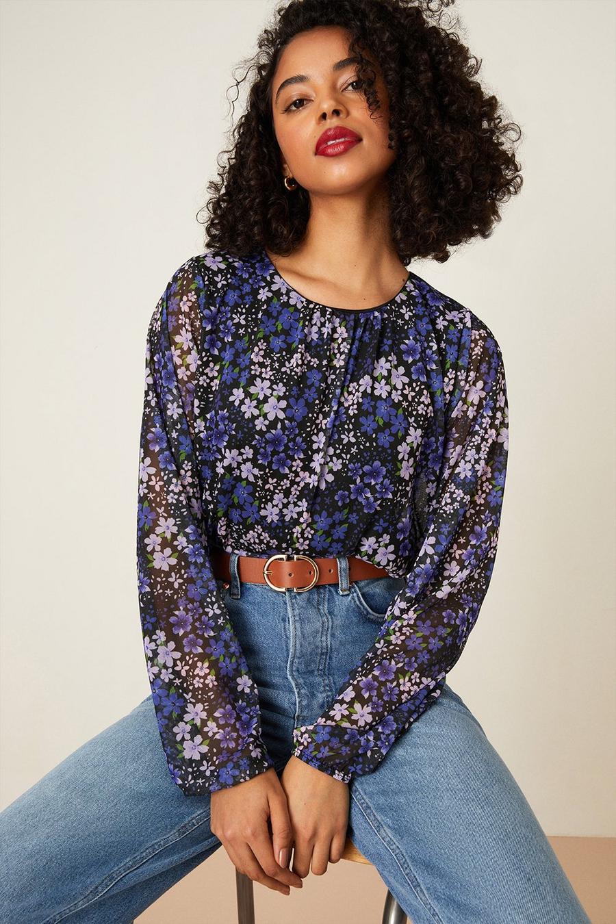 Floral Mesh Pleated Top