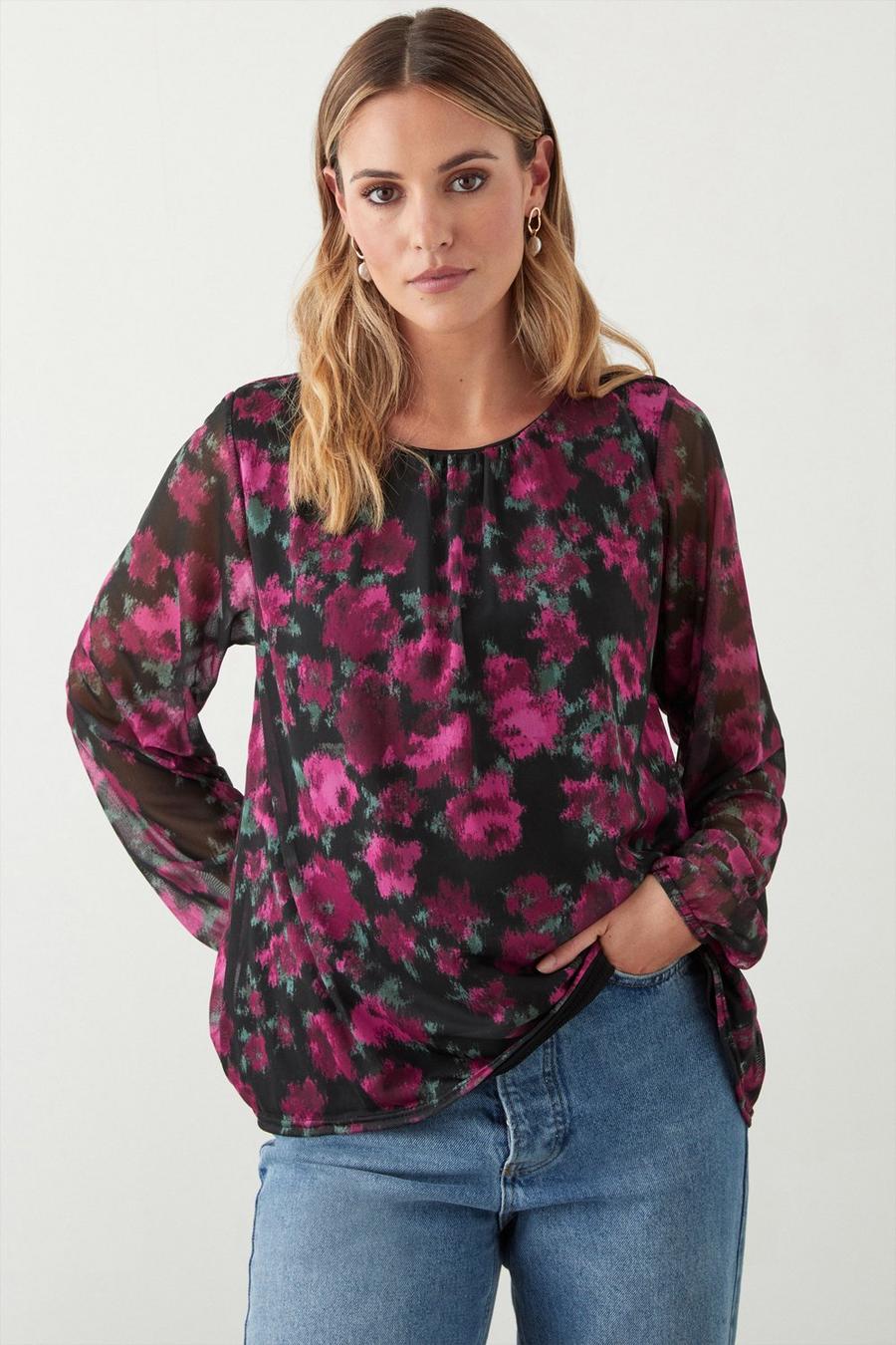 Abstract Floral Mesh Pleated Top