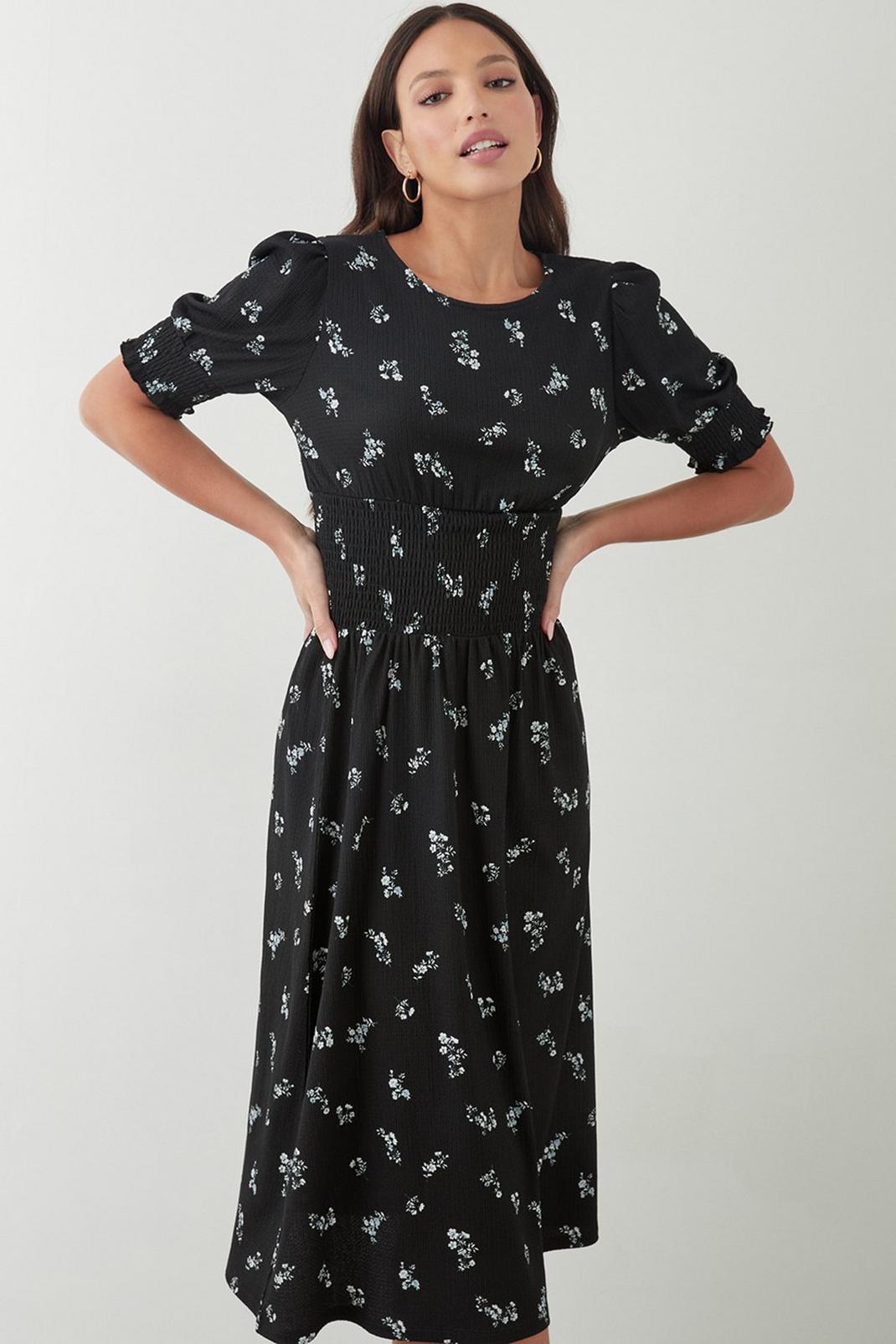 Black Ditsy Floral Short Sleeve Shirred Waist Midi Dress image number 1