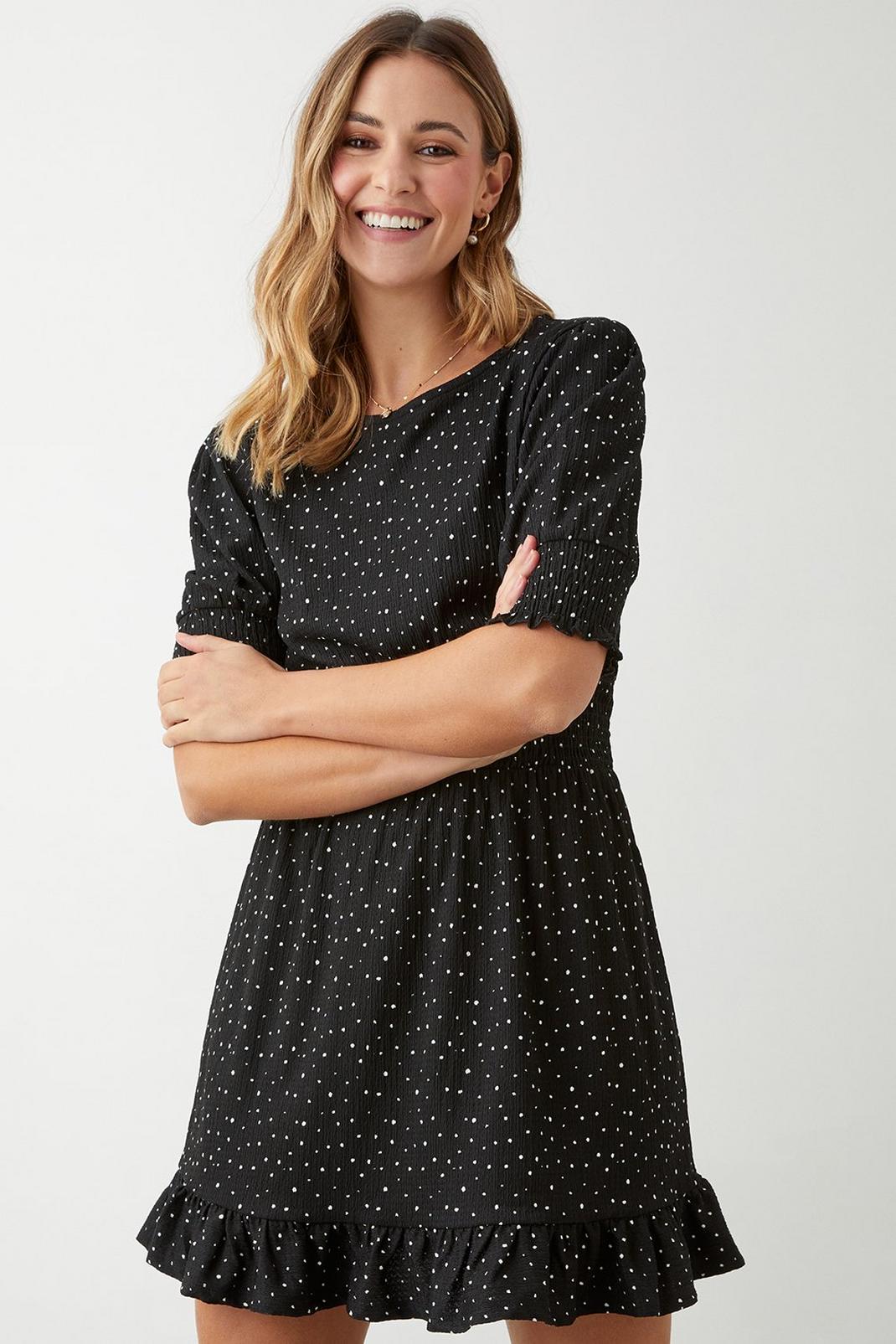 Mono Spot Short Sleeve Shirred Waist Mini Dress image number 1