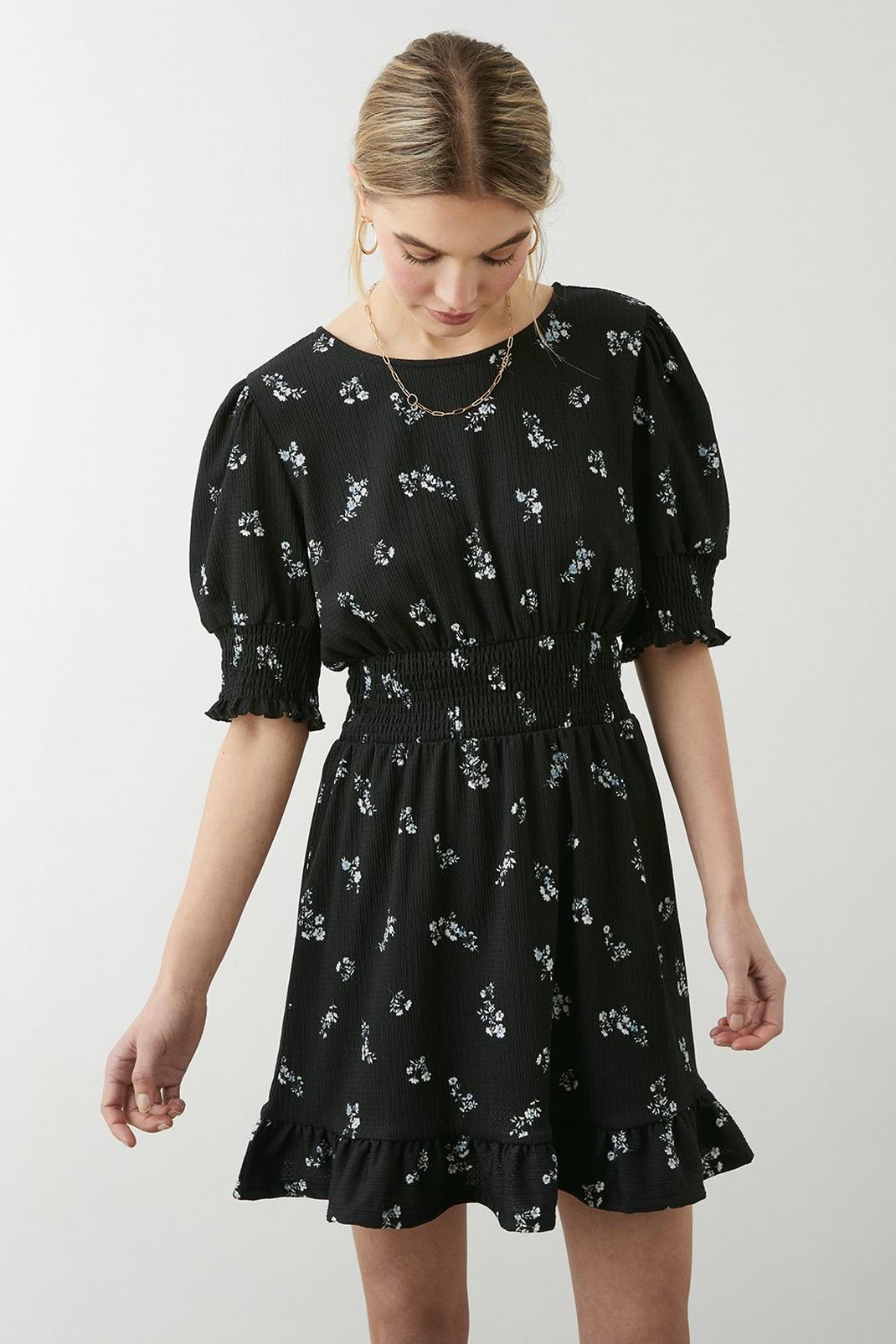 Black Ditsy Floral Short Sleeve Shirred Waist Mini Dress image number 1