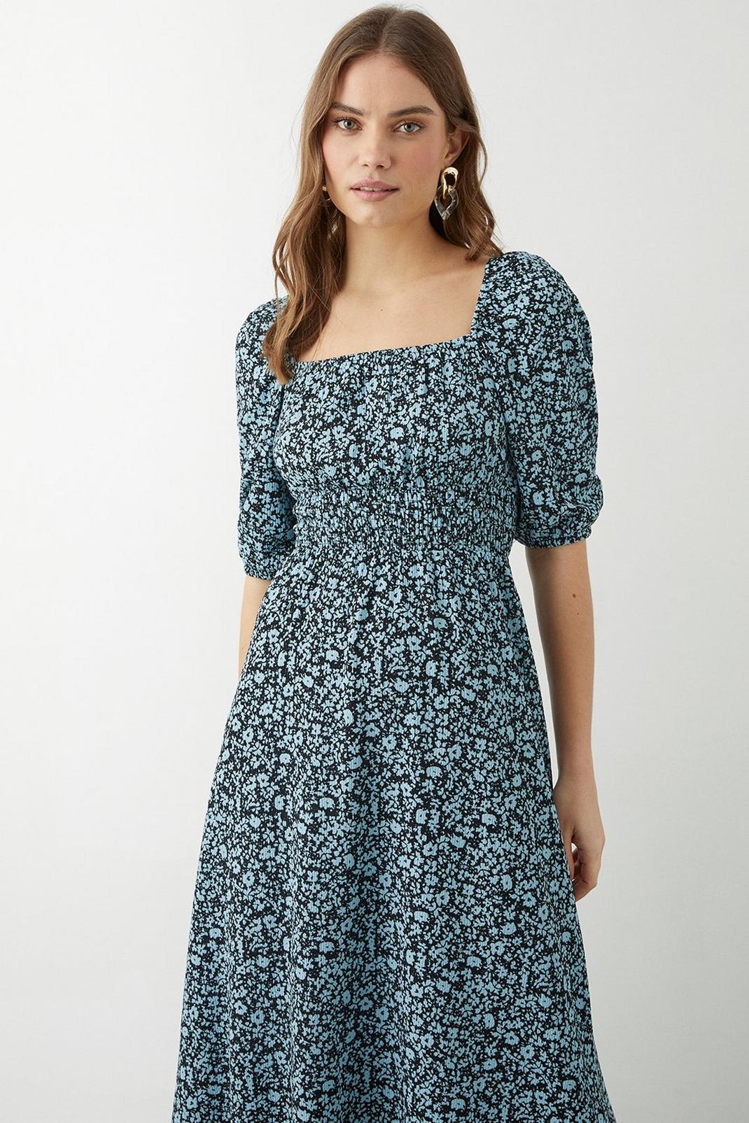 Blue Ditsy Floral Shirred Waist Puff Sleeve Midi Dress image number 1