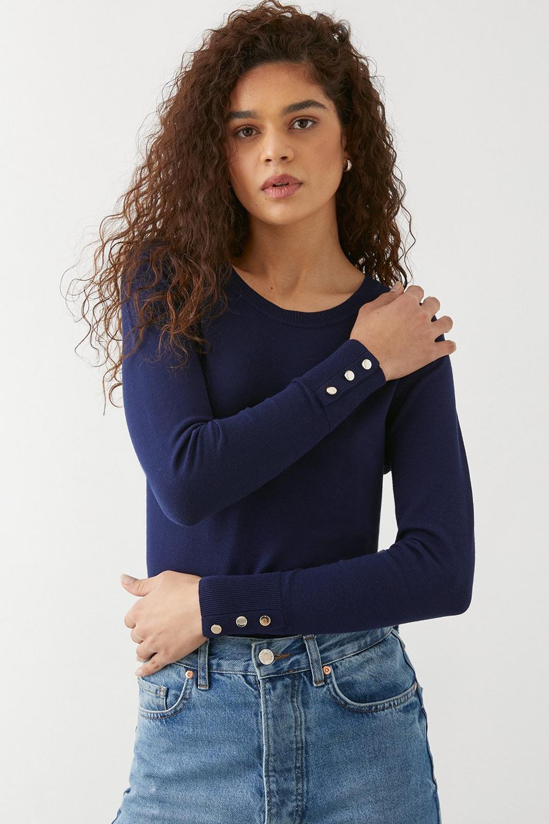 Navy Button Cuff Knitted Jumper image number 1