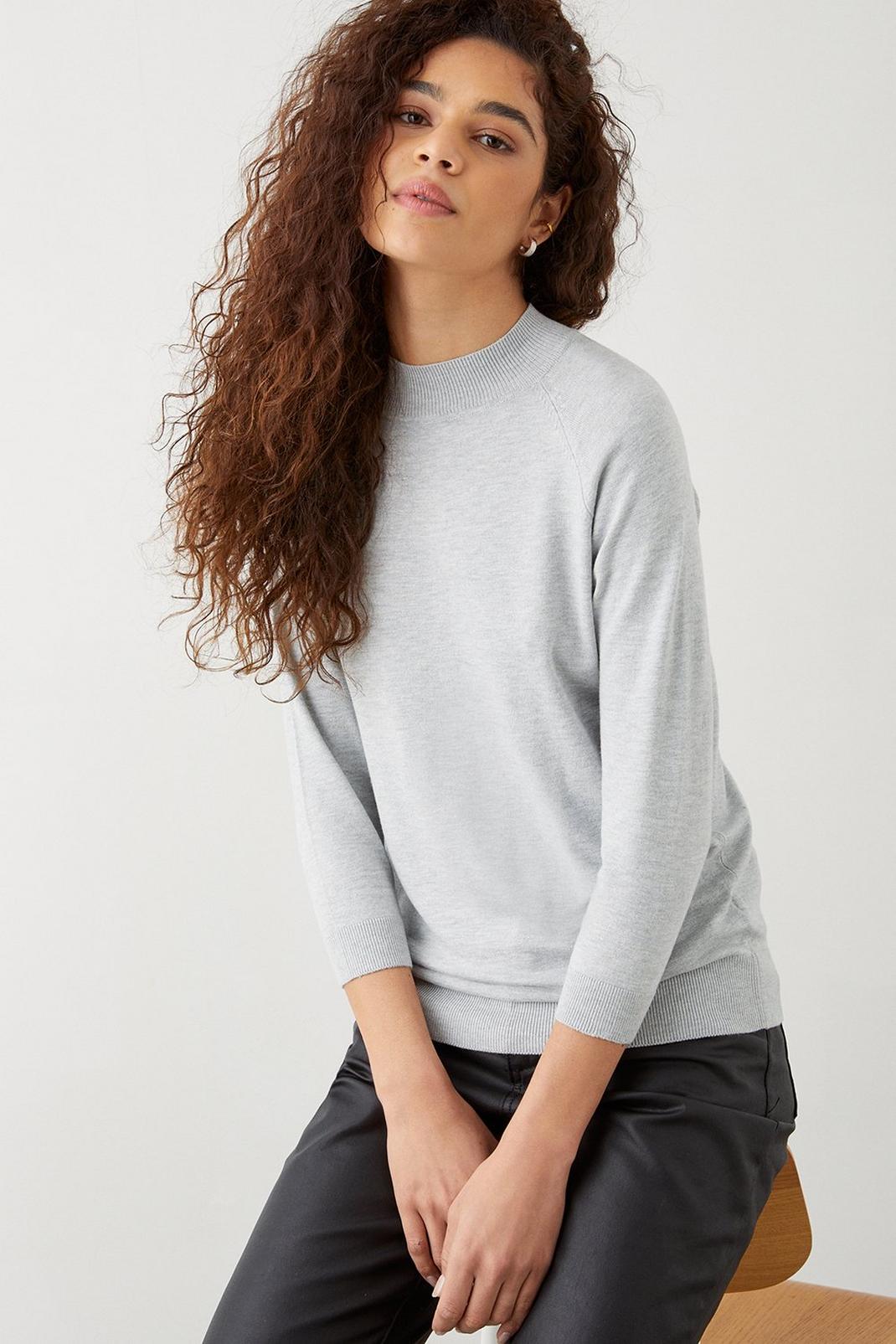 Grey marl 3/4 Sleeve High Neck Knitted Top image number 1