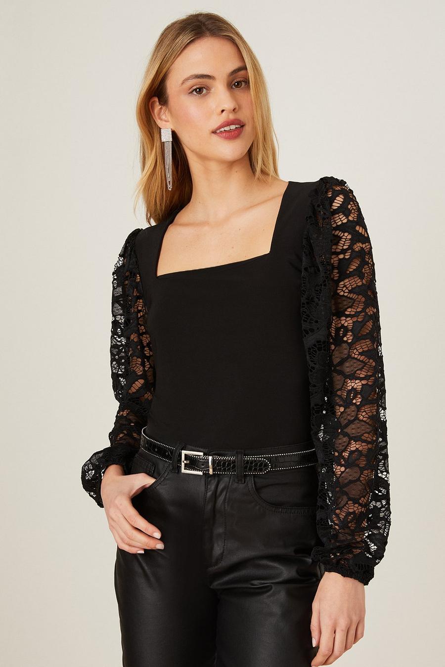 Square Neck Lace Sleeve Top