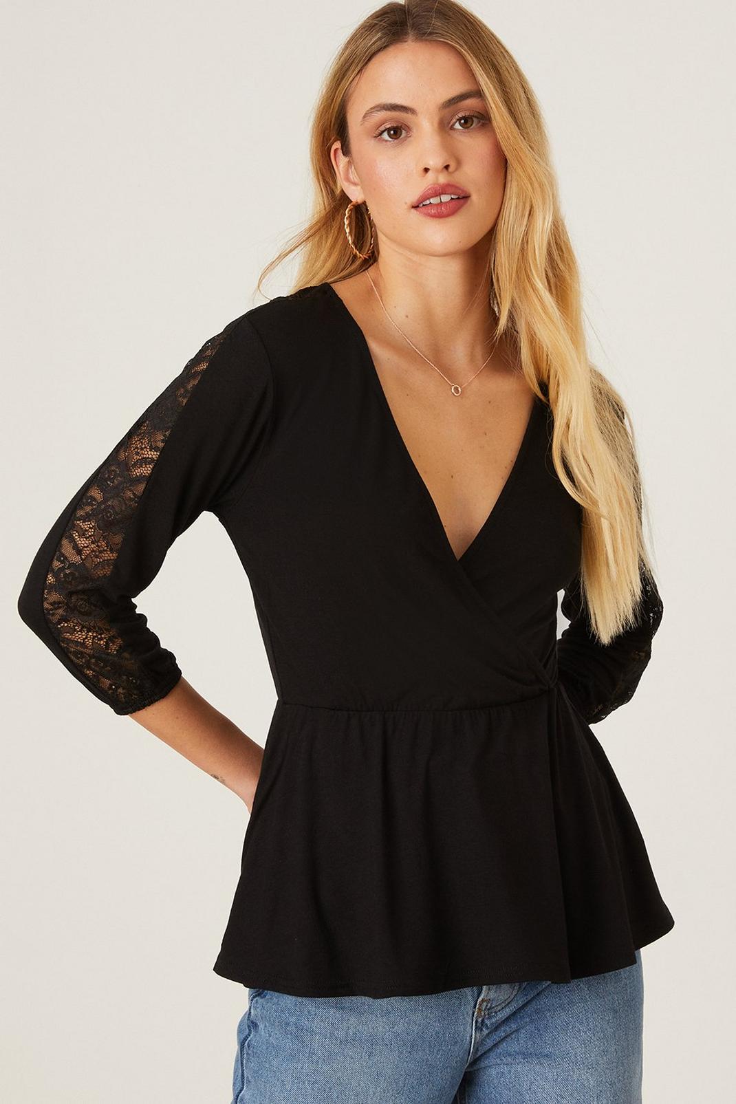 Black Wrap Detail Lace Insert Top image number 1