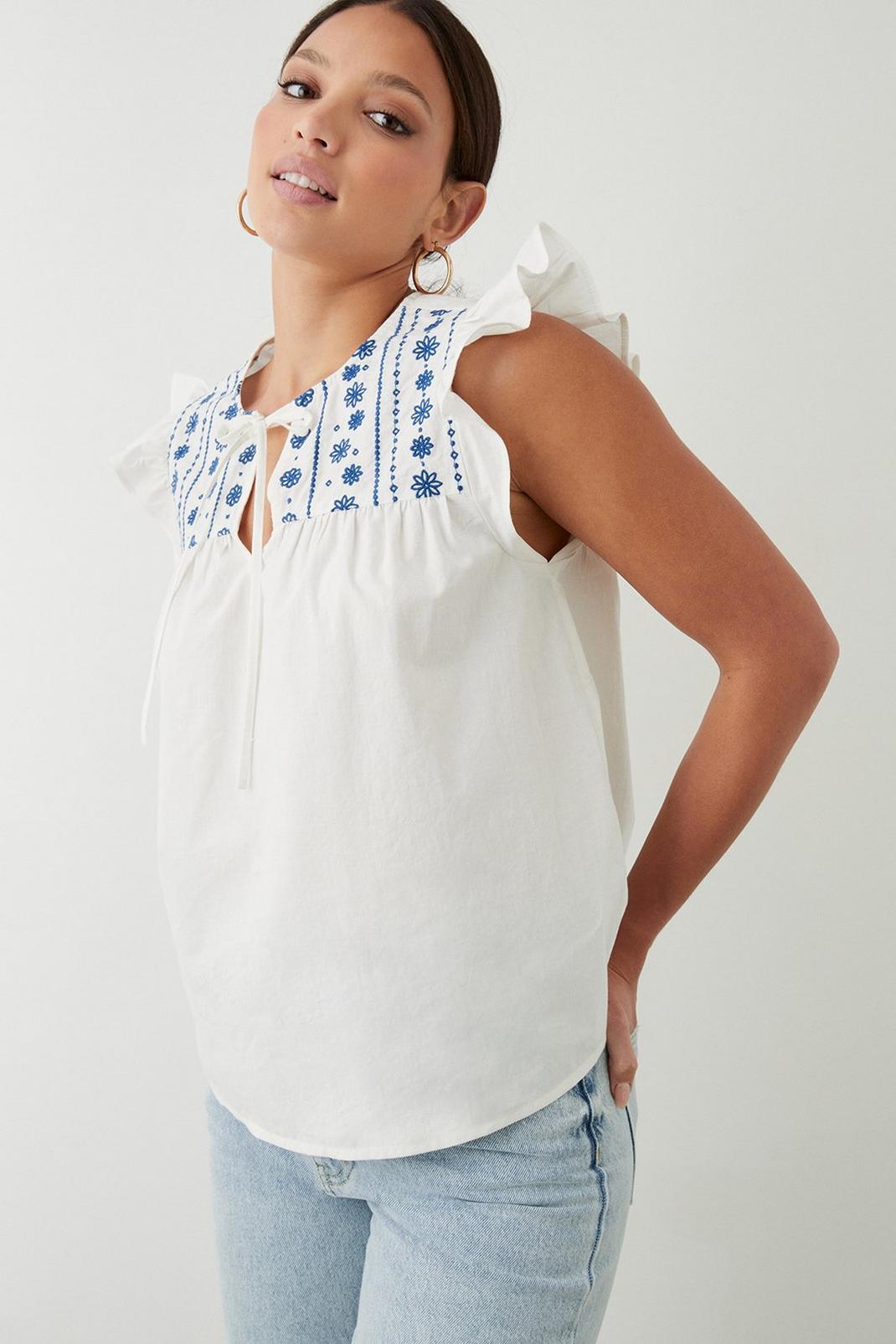 Ivory Blue Embroidered Poplin Shell Blouse image number 1