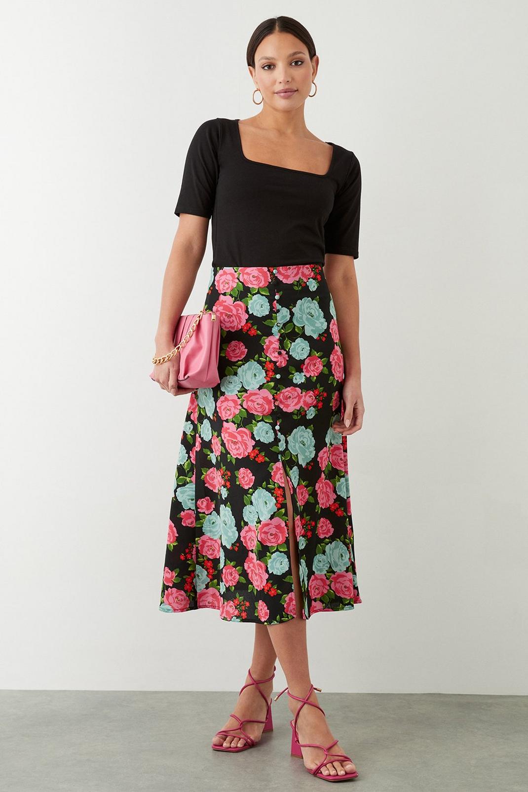Black Multi Floral Button Through Midi Skirt image number 1