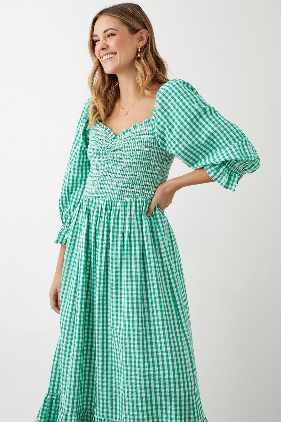 Green Gingham Shirred Midi Dress image number 1