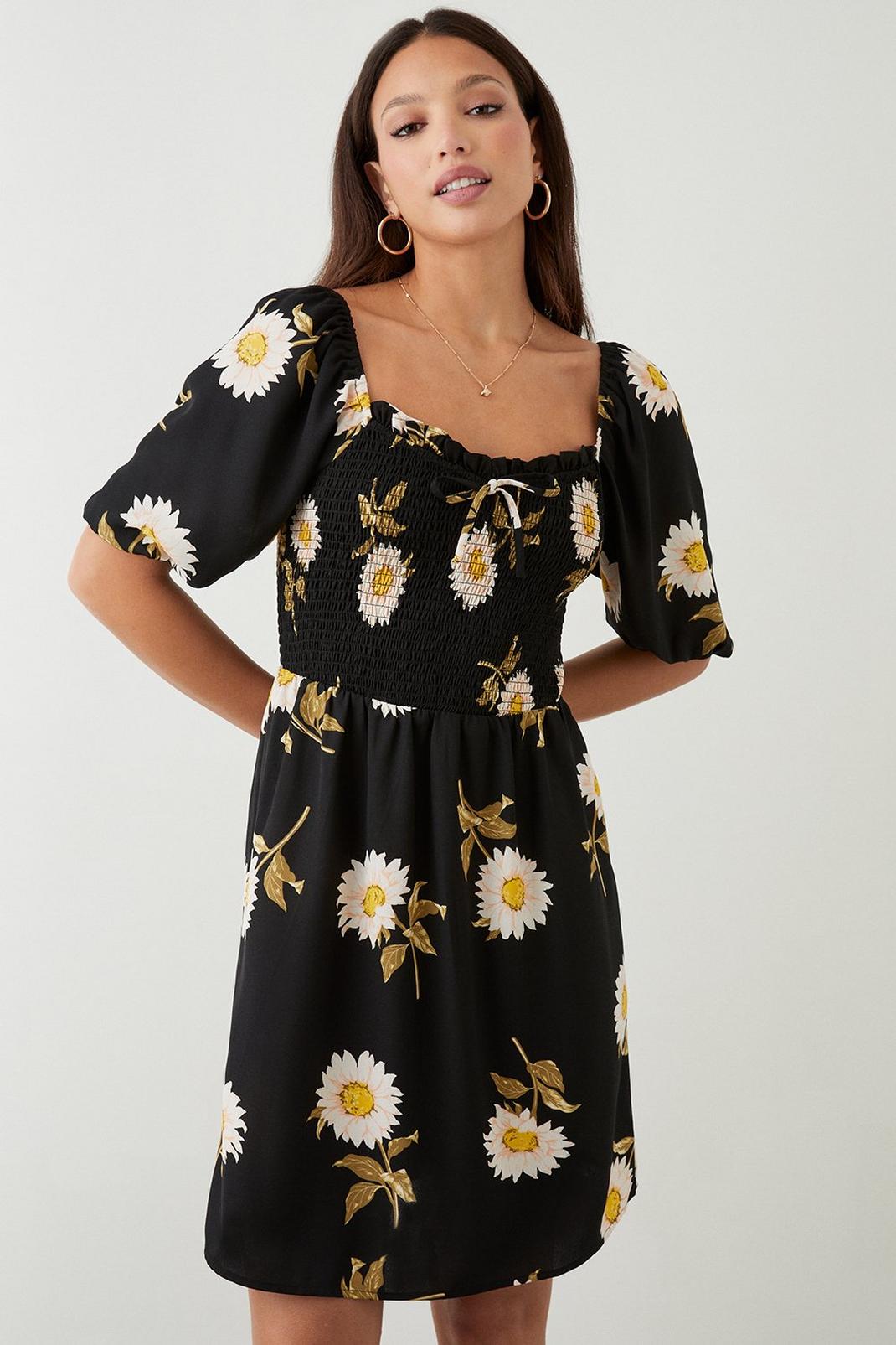 Black Tall Daisy Print Shirred Mini Dress image number 1