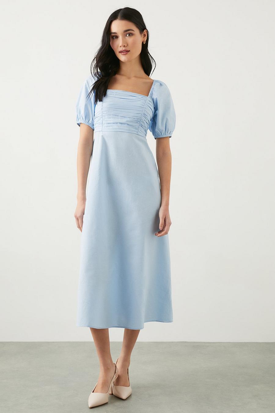 Petite Blue Poplin Ruched Midi Dress