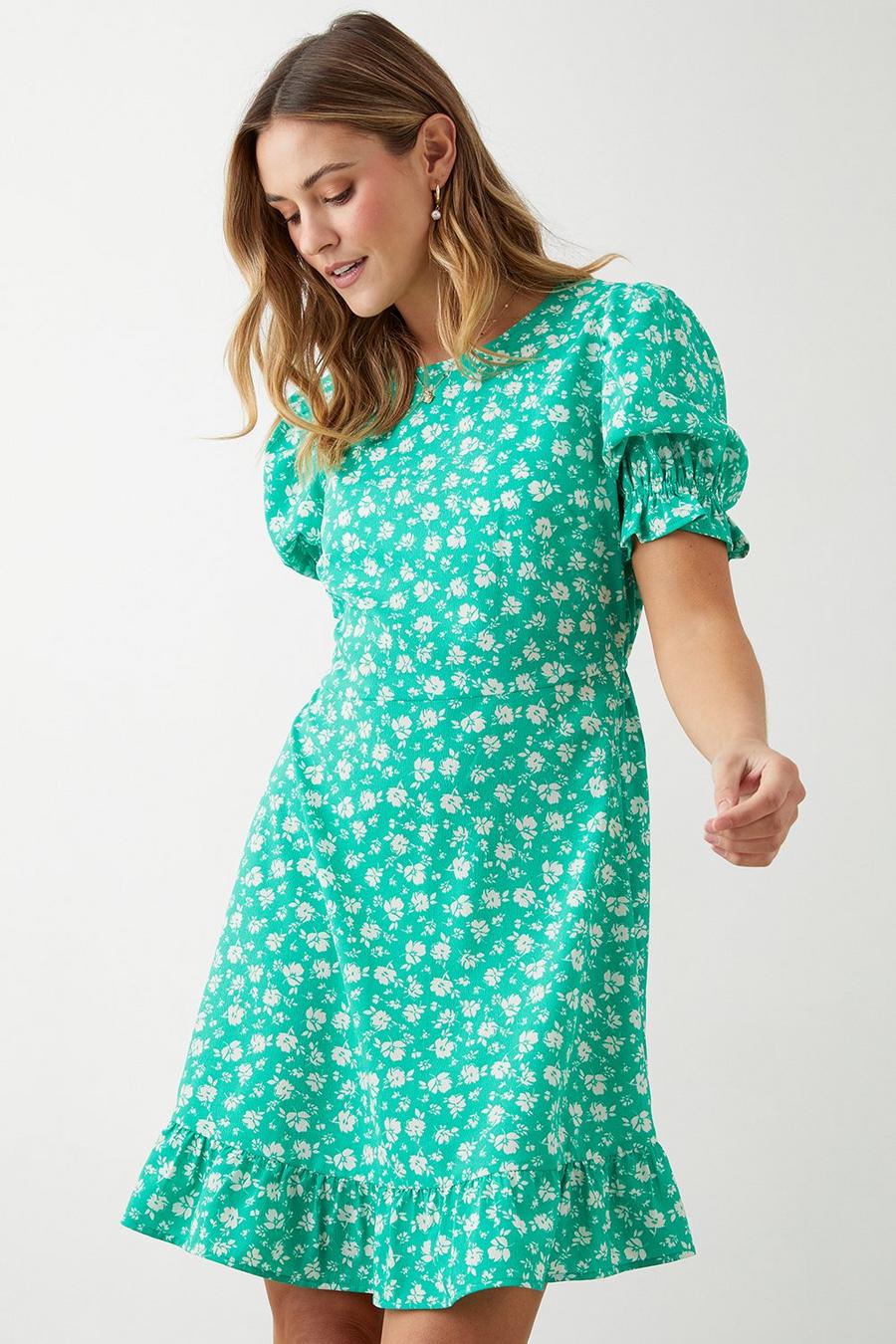 Green Floral Ruffle Hem Mini Dress
