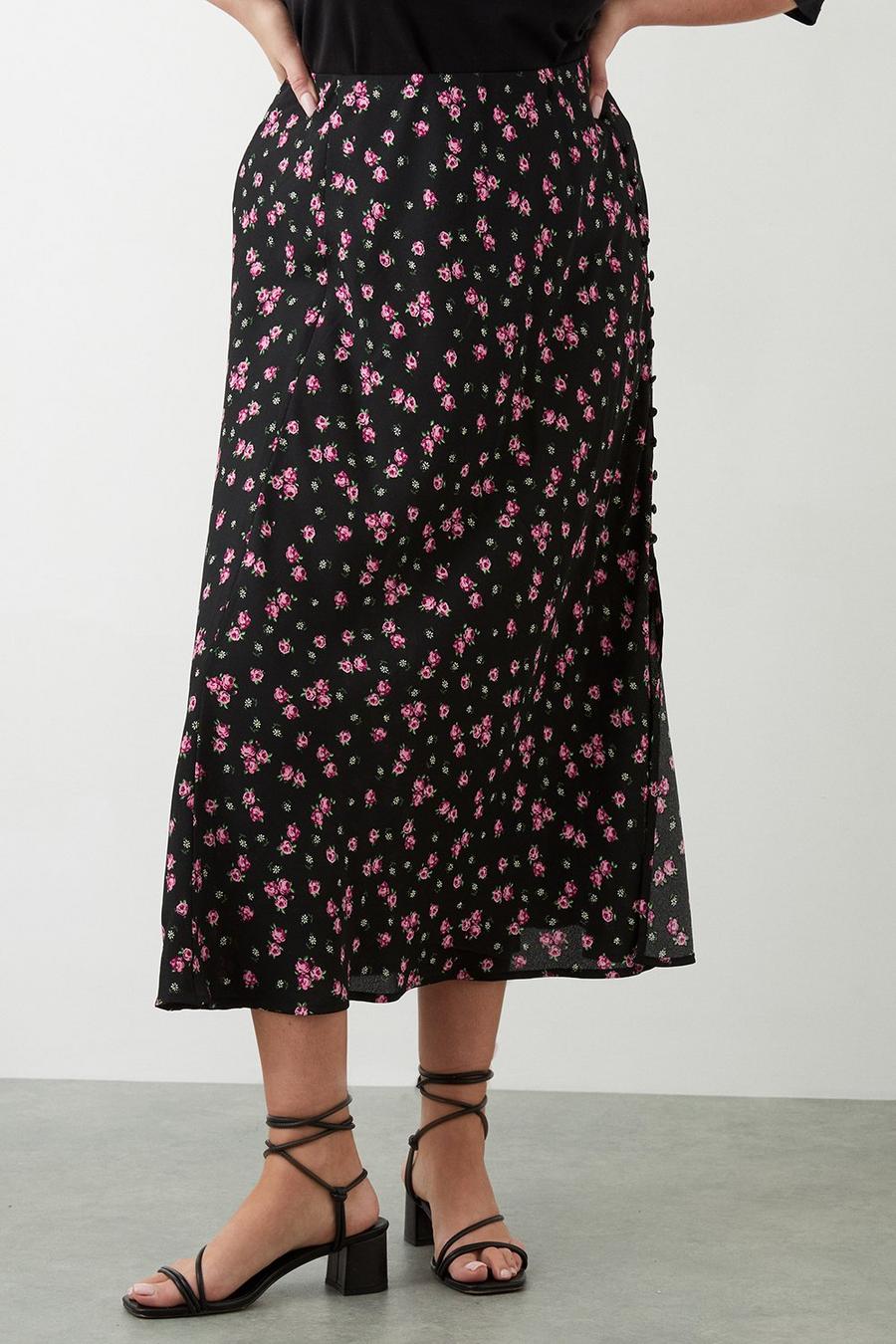 Curve Black Floral Split Midi Skirt