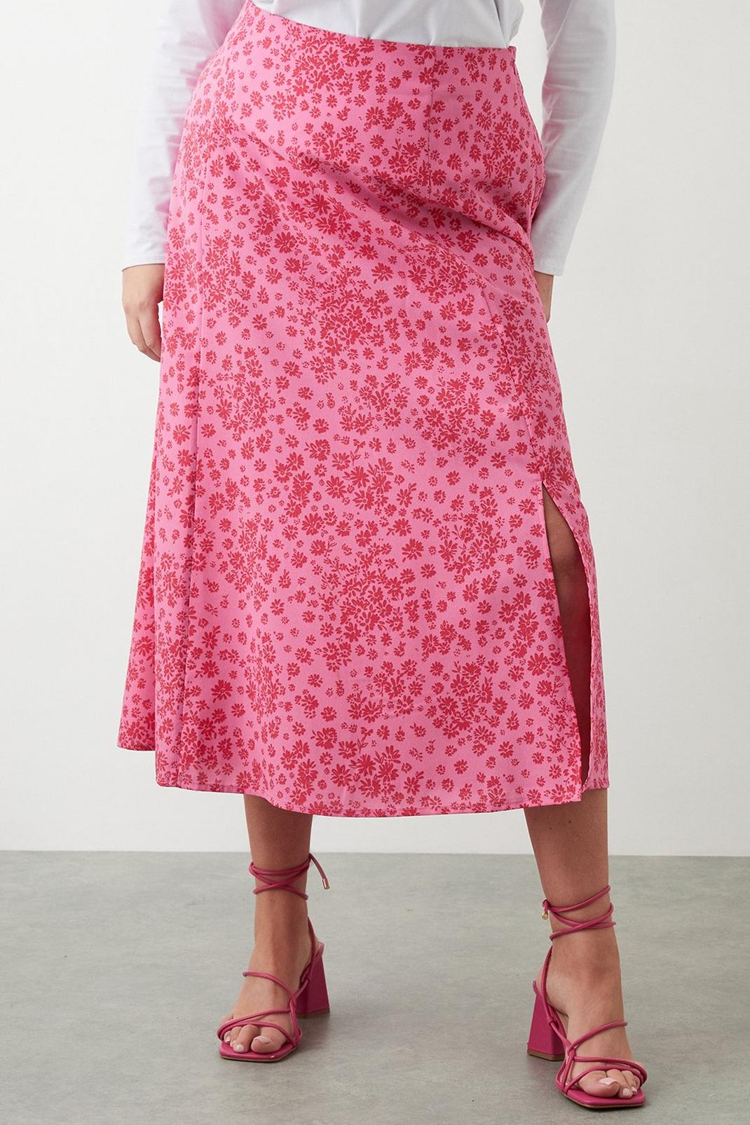 Curve Pink Floral Midi Skirt image number 1