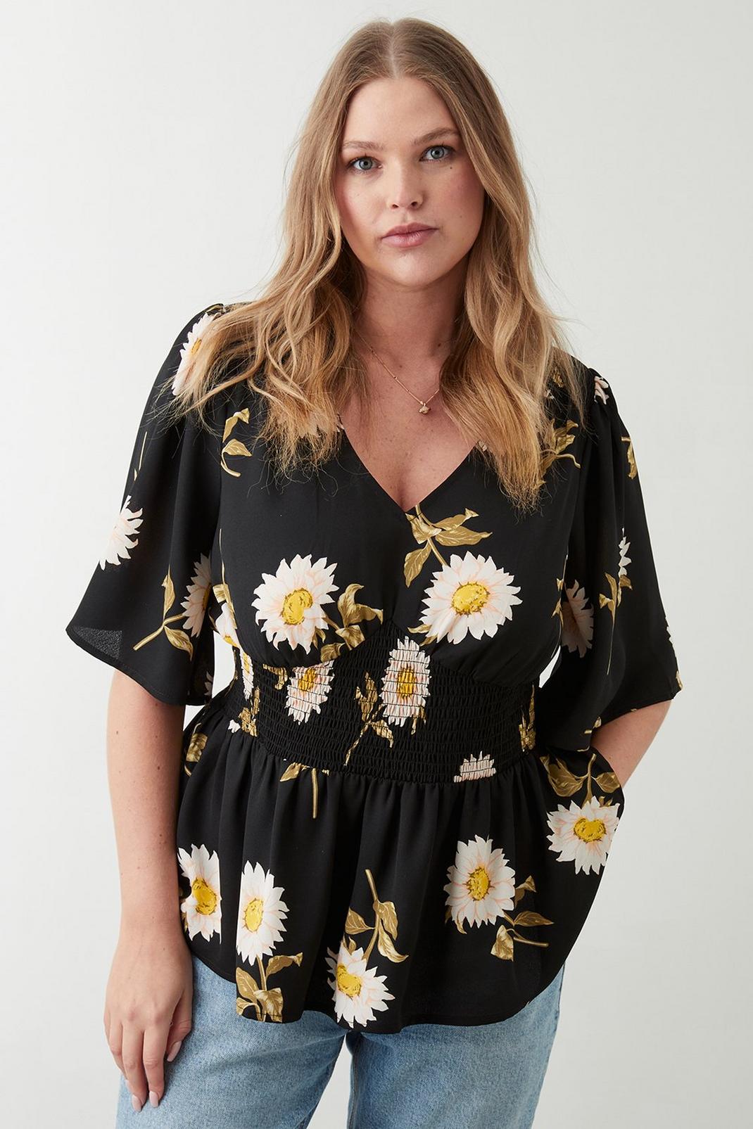 Black Curve Daisy Floral Shirred Waist Blouse image number 1