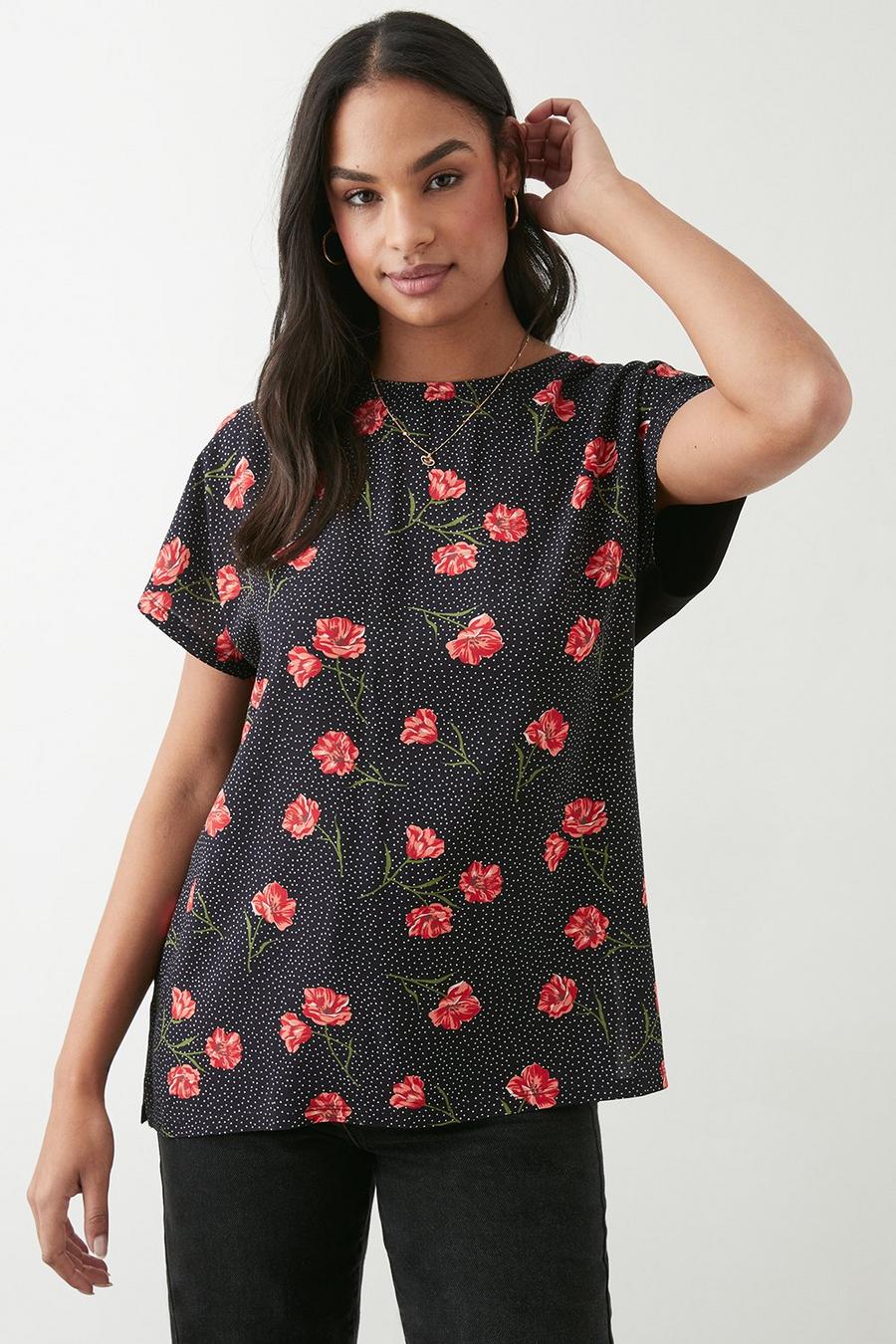 Red Floral Short Sleeve Top