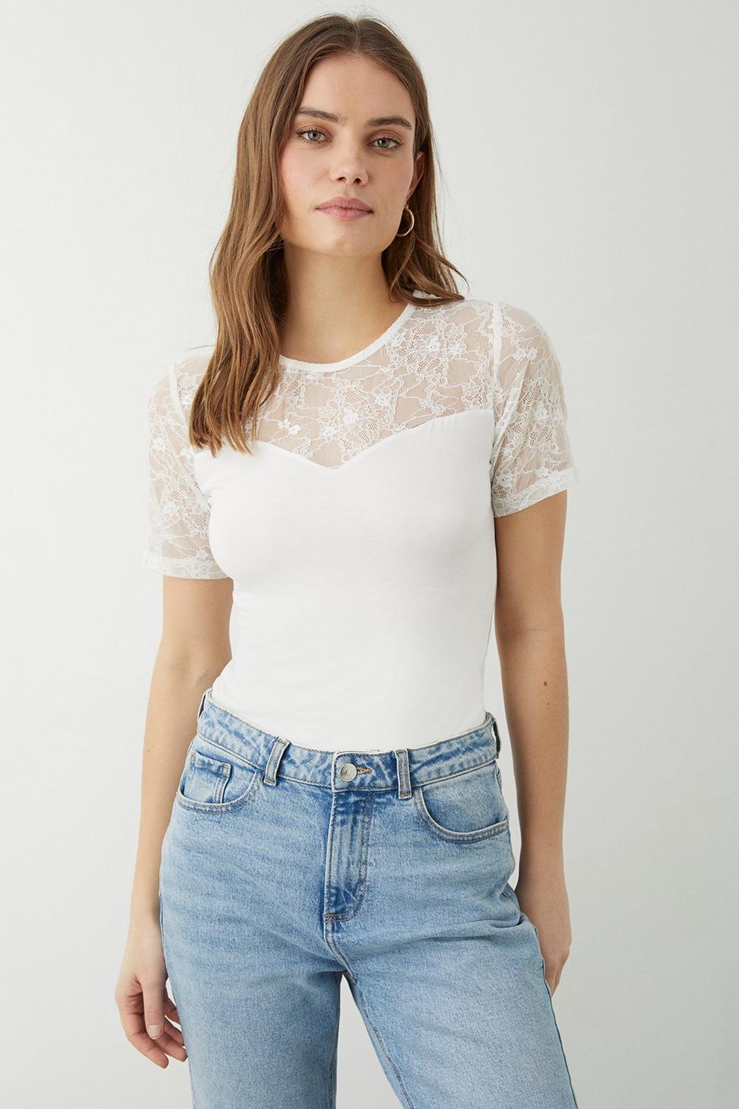 Ivory Lace Insert Short Sleeve Top image number 1