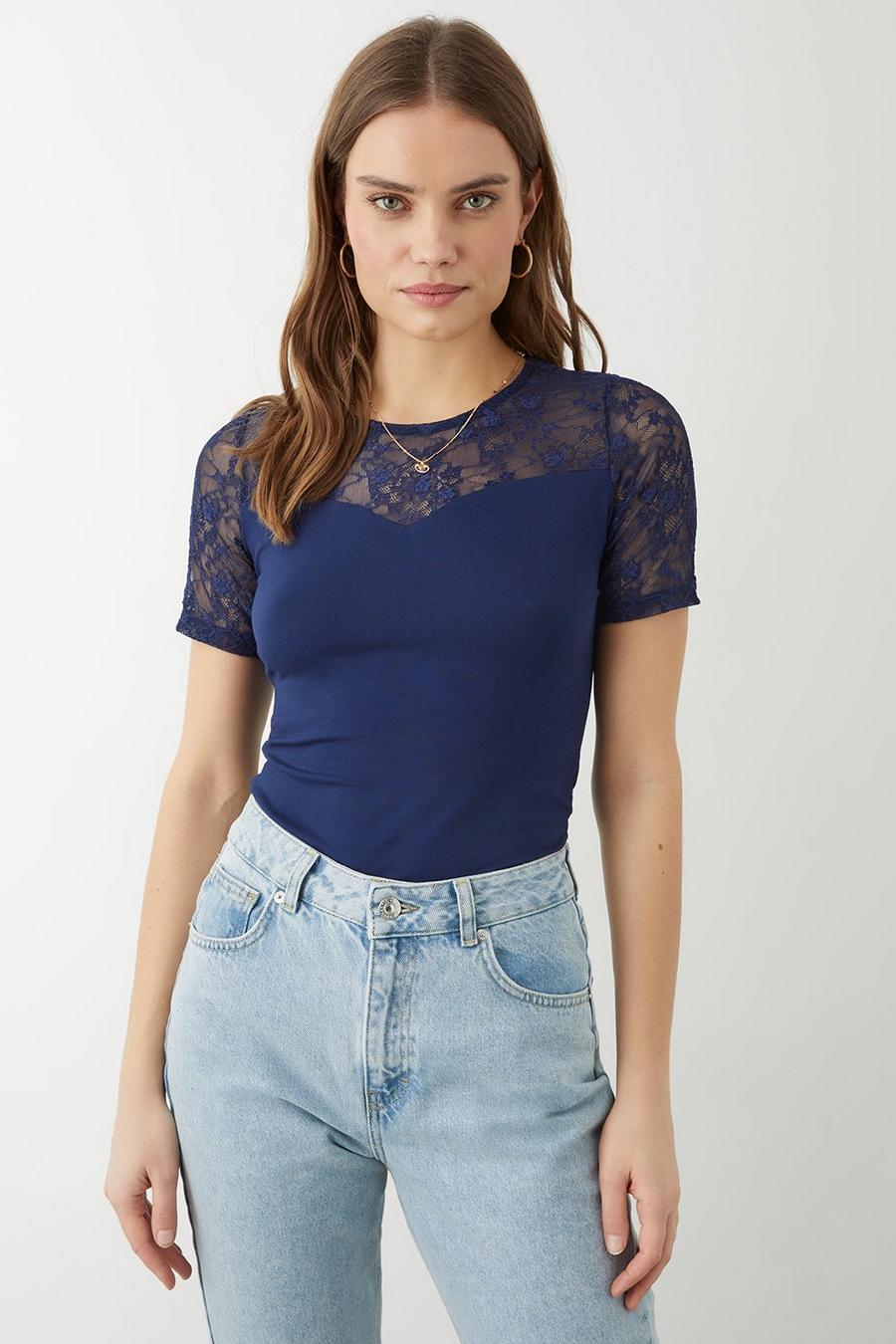 Lace Insert Short Sleeve Top