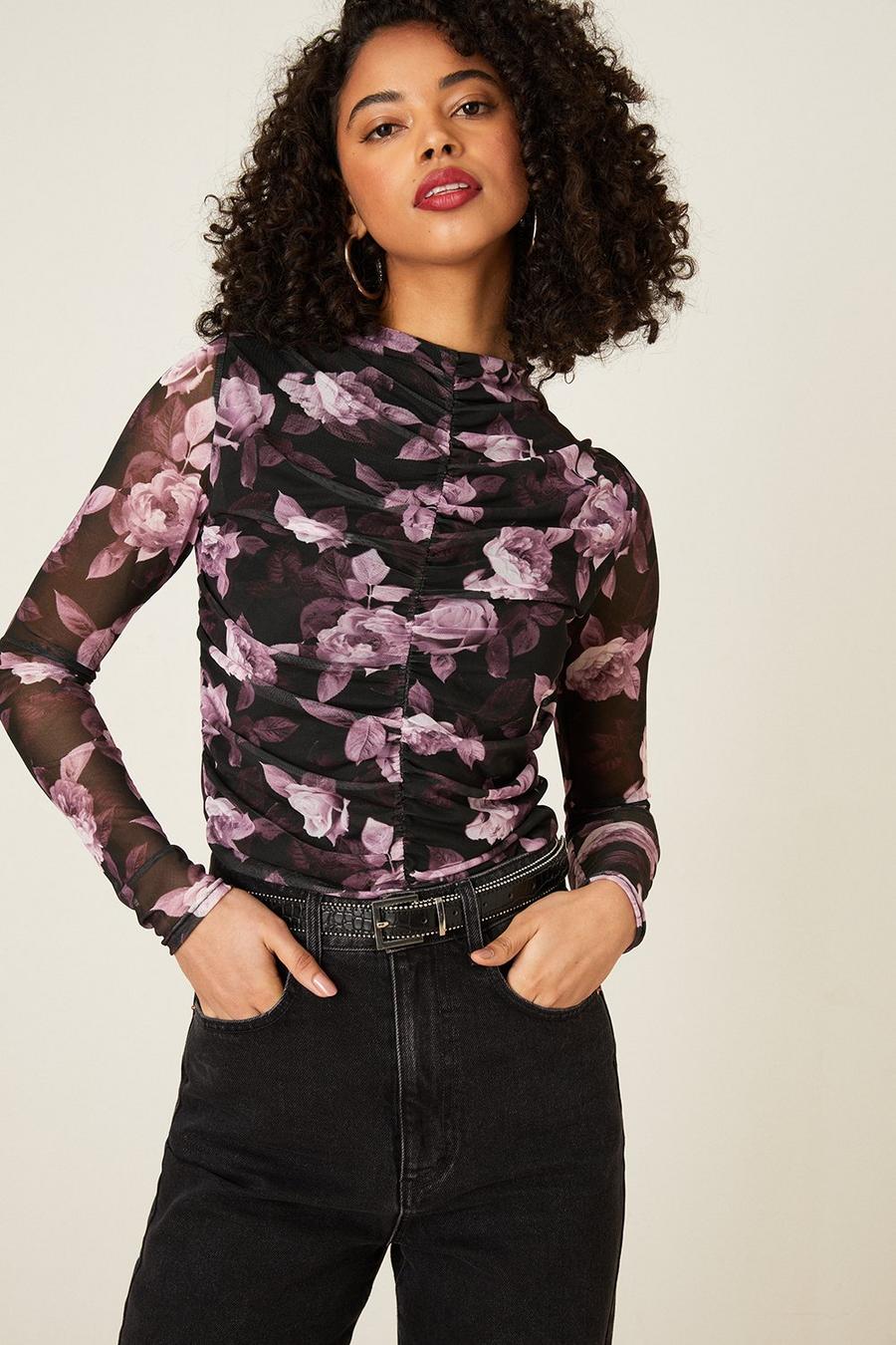 Floral Mesh Ruched Body Crew Neck Top