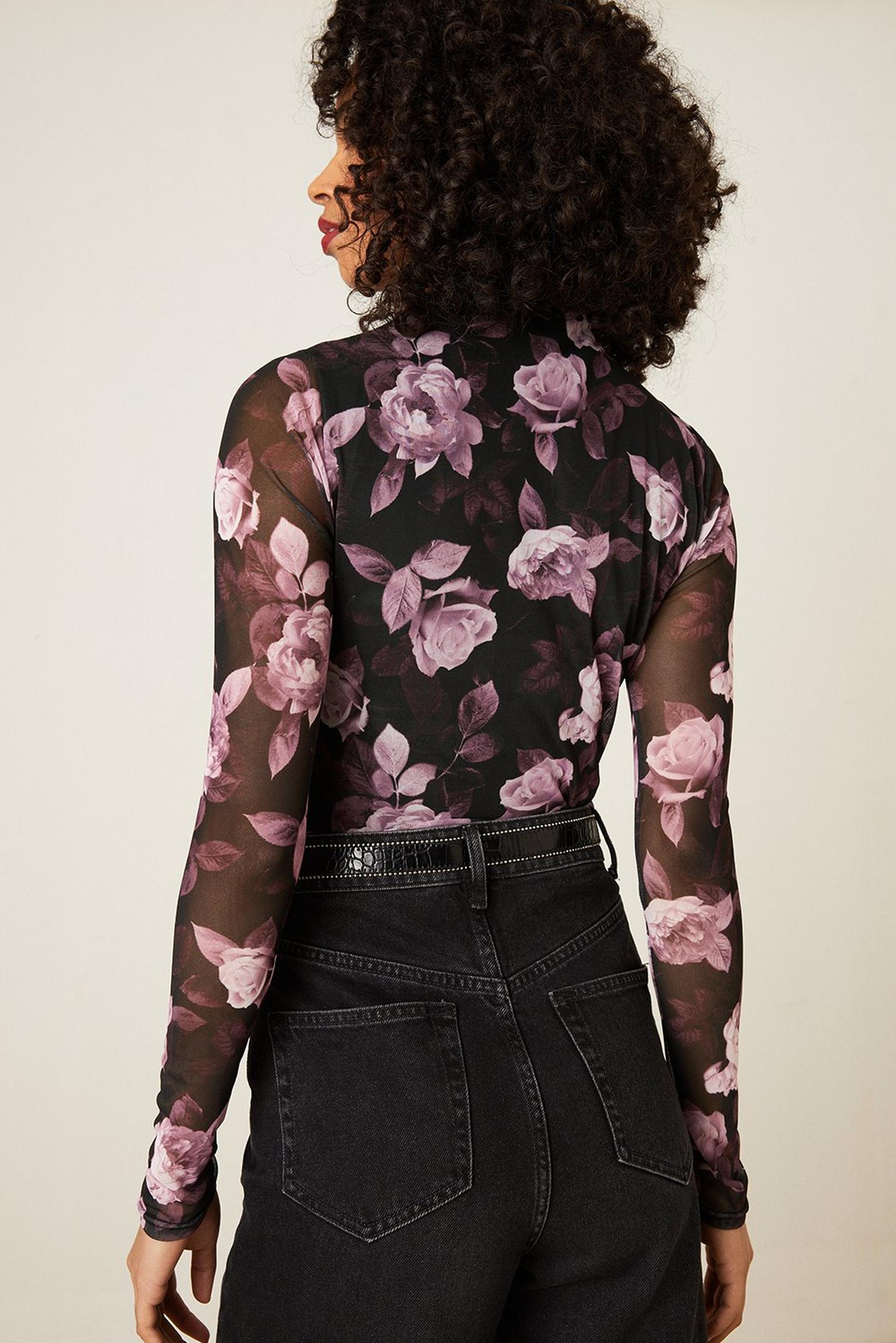 Floral Mesh Ruched Body Crew Neck Top