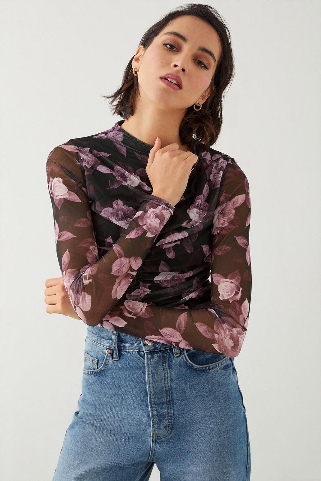 Pink Tall Floral Mesh Ruched Body Crew Neck Top image number 1