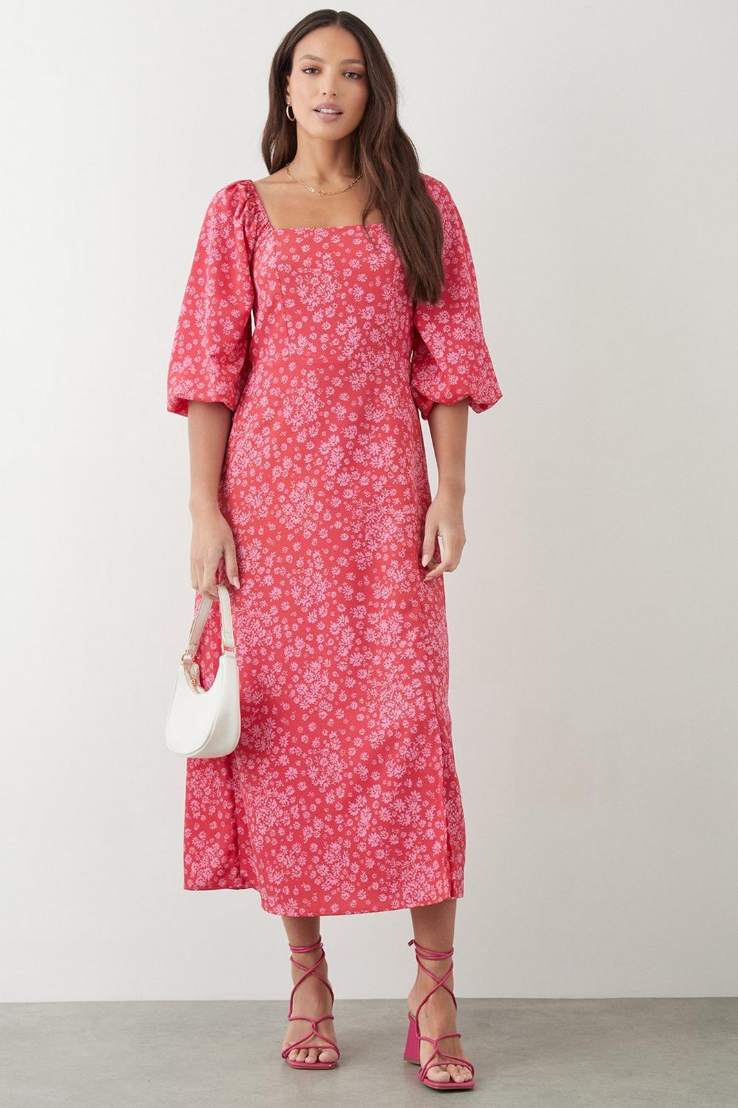 Tall Pink Floral Square Neck Midi Dress image number 1
