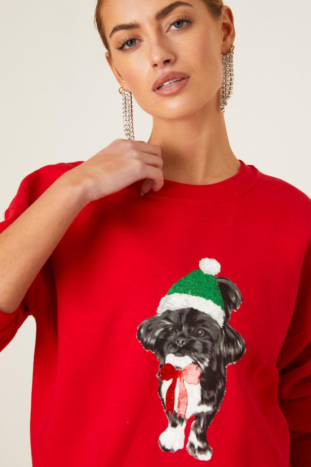 Red Christmas Elf Dog Crew Neck Sweatshirt image number 1
