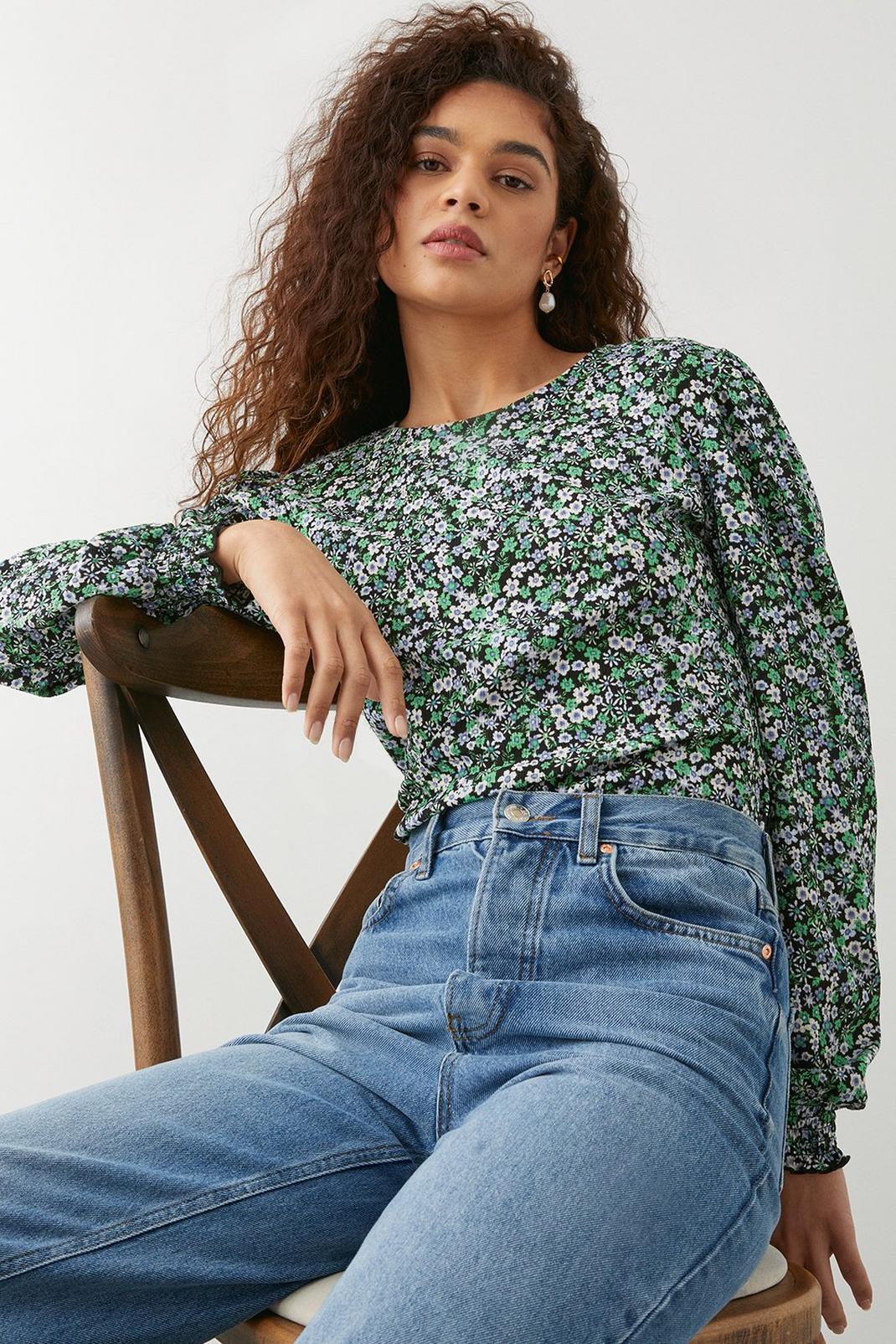 Green Tall Ditsy Shirred Cuff Long Sleeve Top image number 1