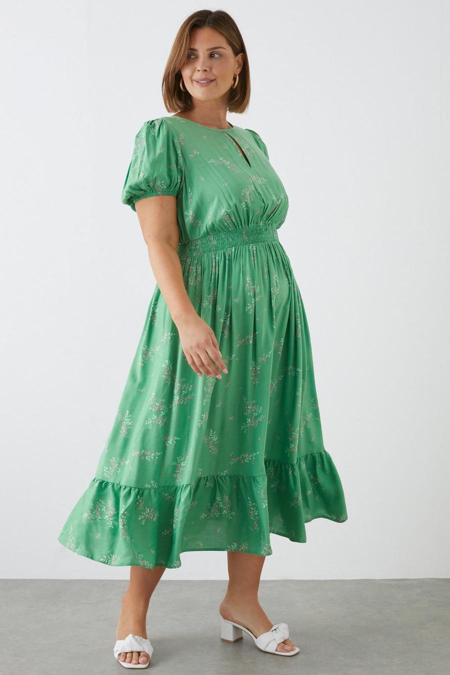 Curve Green Sprig Floral Keyhole Midi Dress