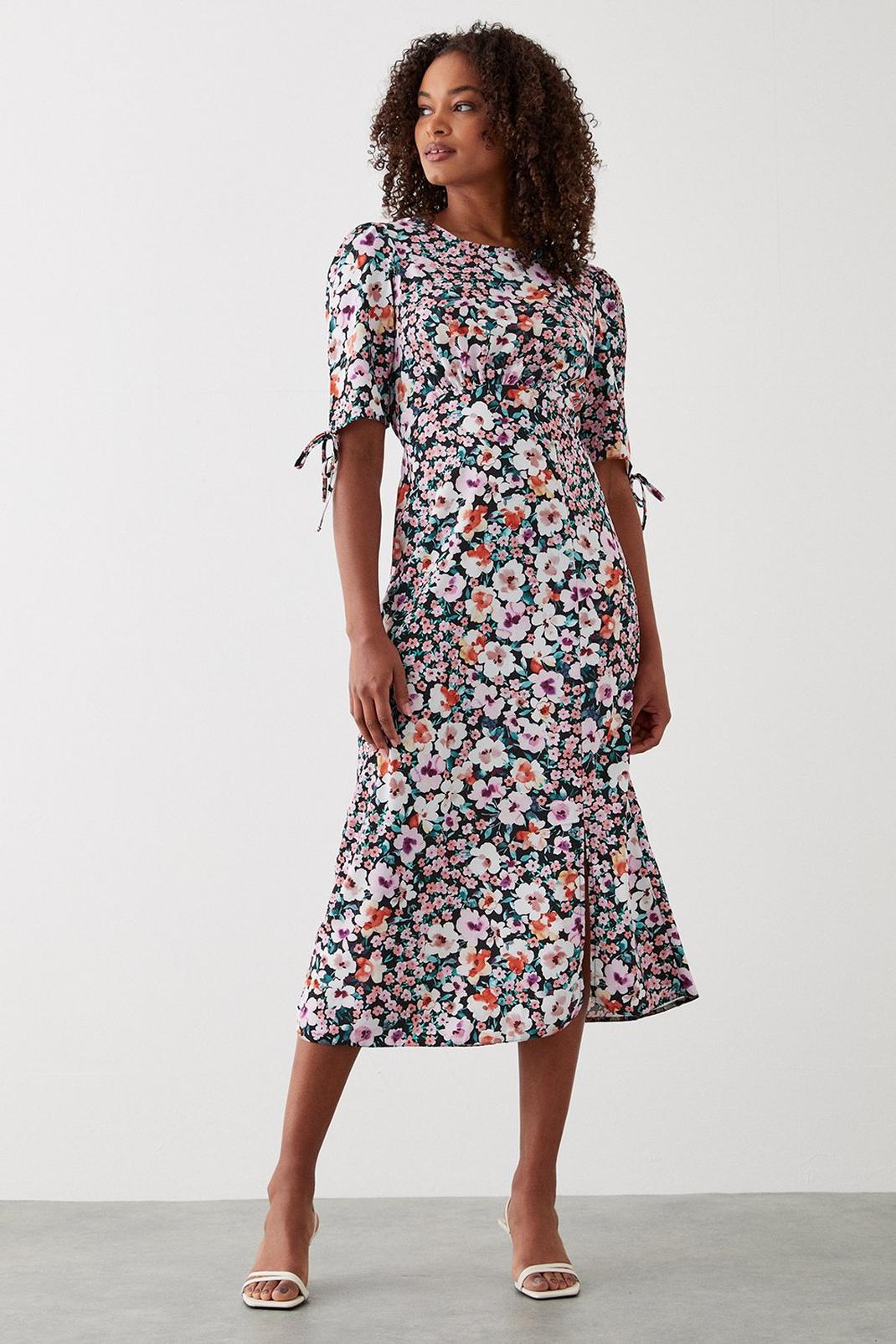 Multi Tall Floral Ruched Sleeve Midi Dress image number 1