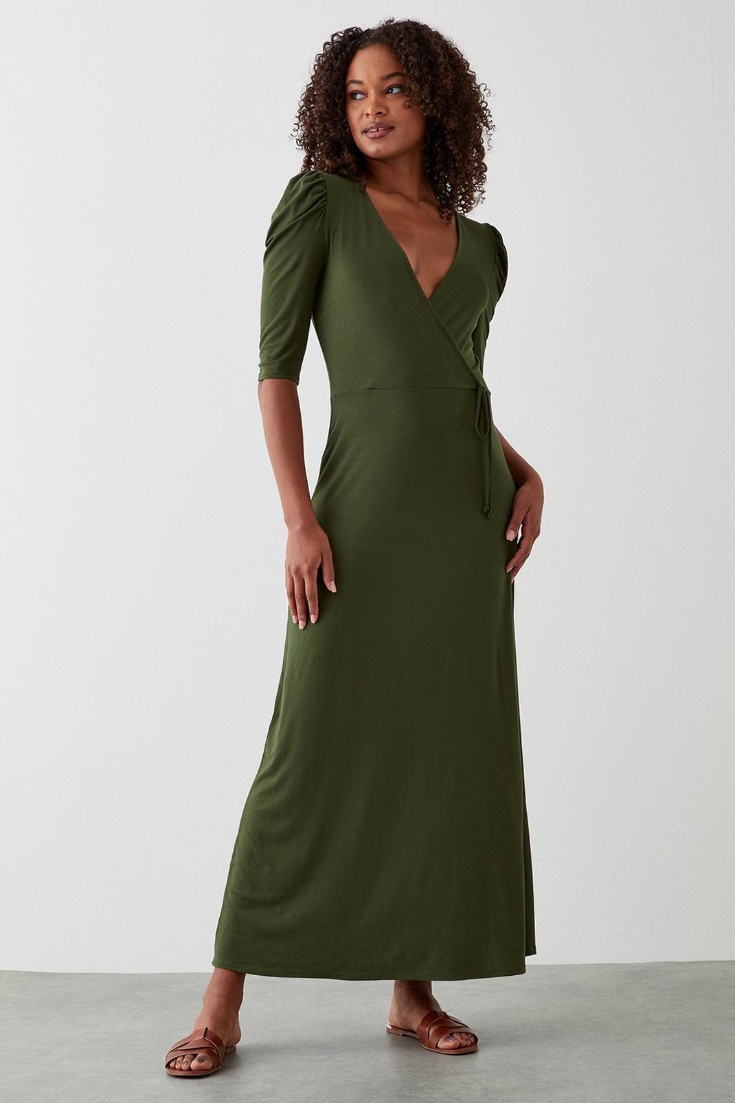 Tall Khaki Ruched Sleeve Wrap Midi Dress image number 1