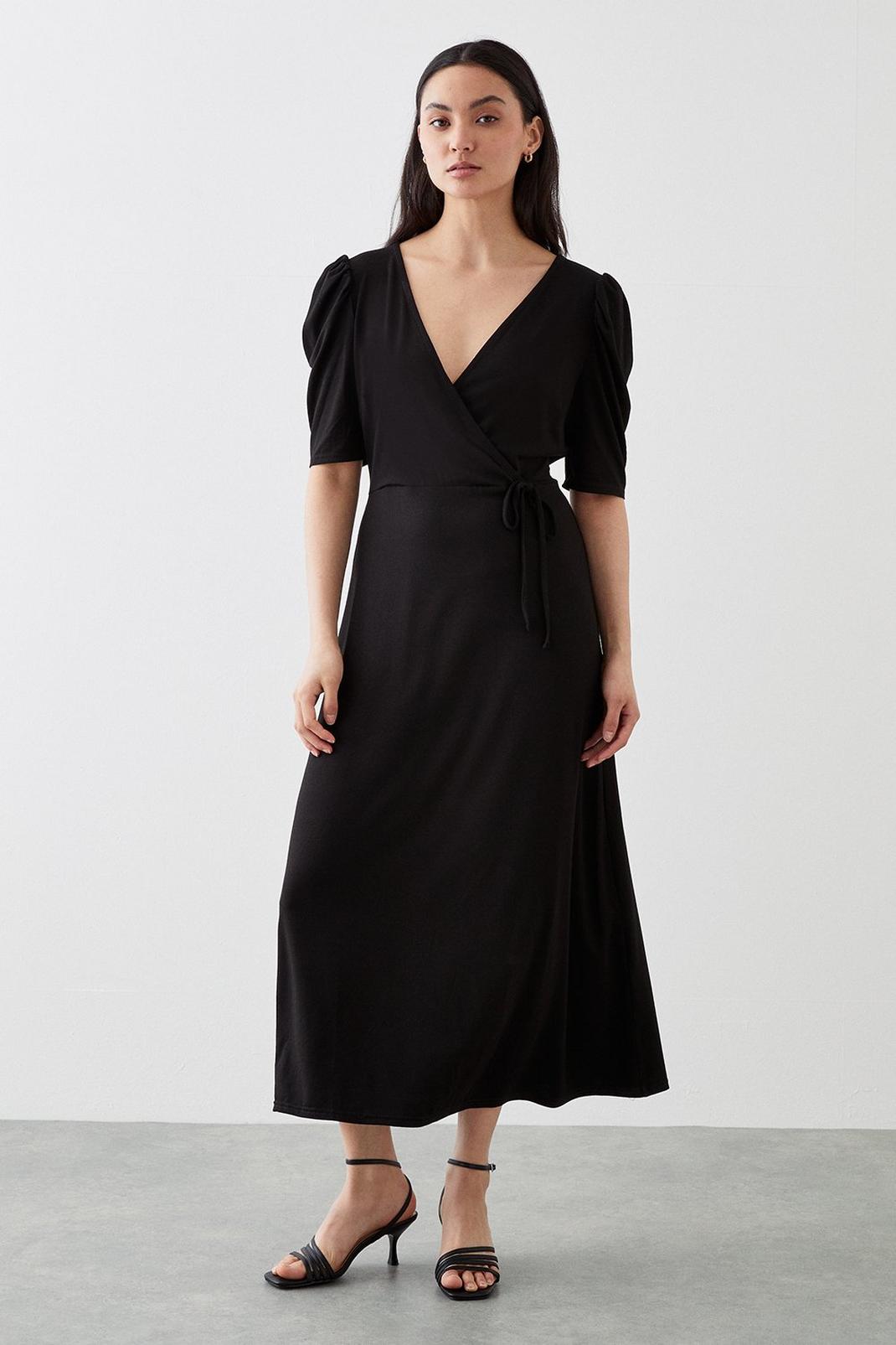 Petite Black Ruched Sleeve Wrap Midi Dress image number 1