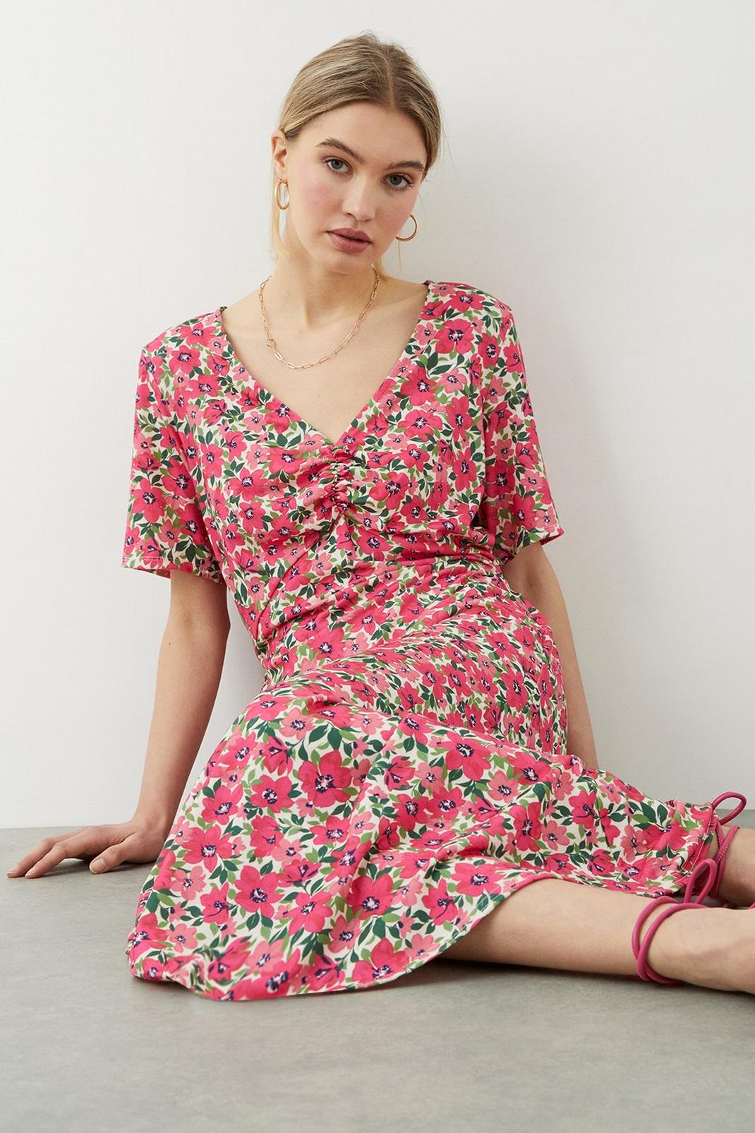 Multi Floral Ruched Front Midi Dress image number 1