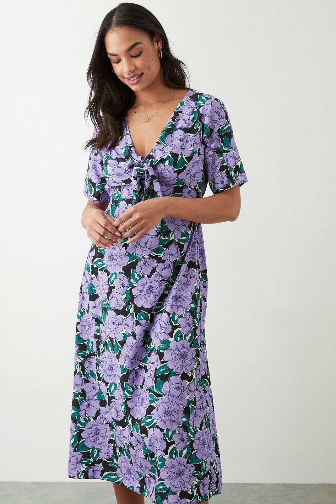 Lilac Large Floral  Tie Front Midi Dress image number 1