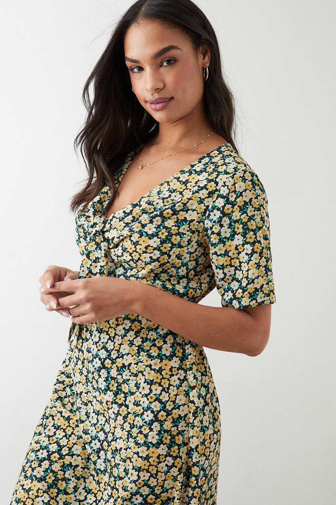 Yellow Ditsy  Tie Front Midi Dress  image number 1