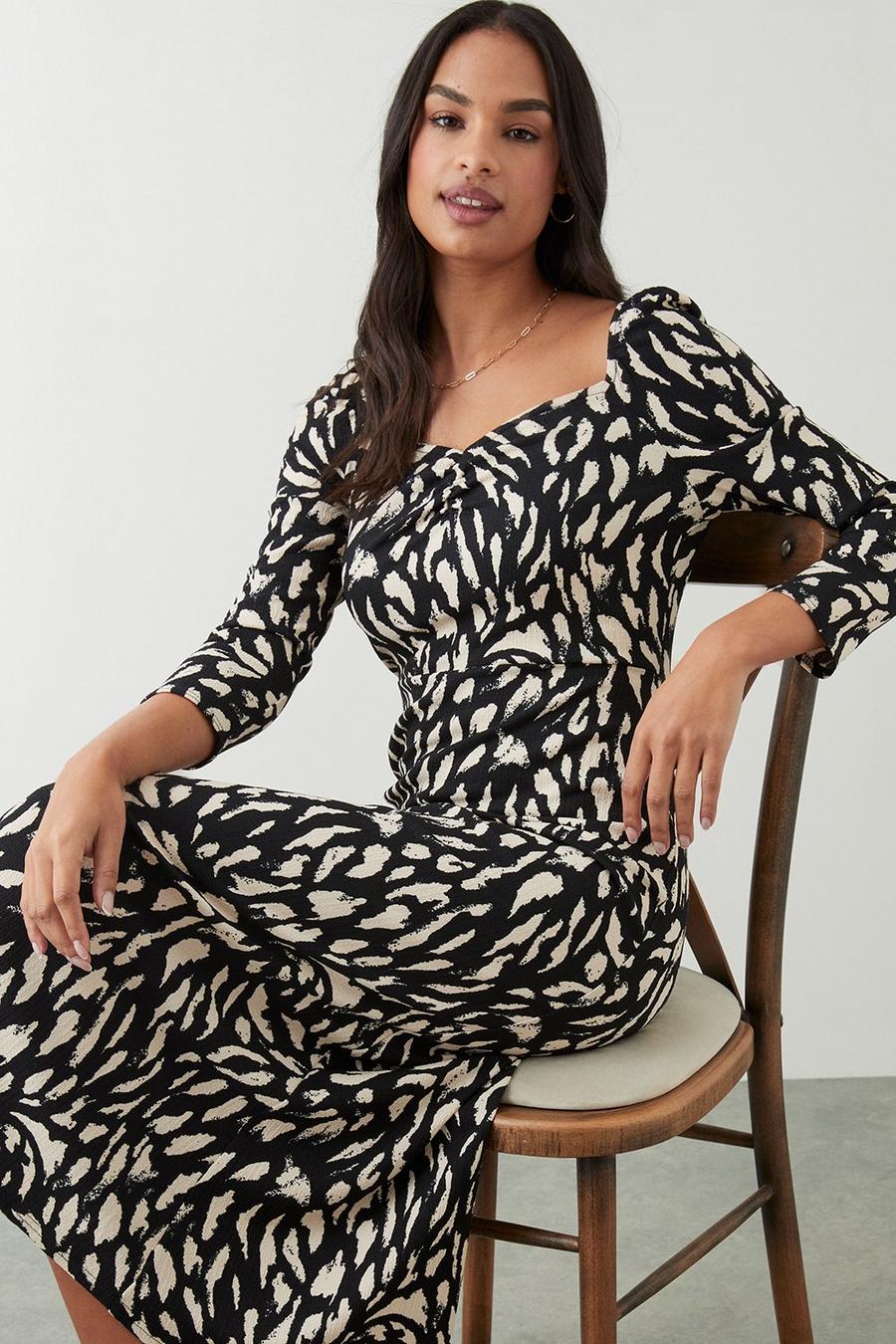 Mono Leopard Print Sweetheart Midi Dress