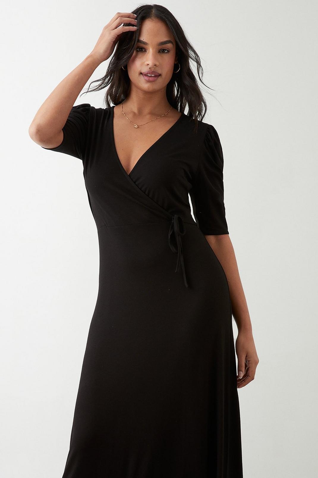 Black Wrap Ruched Sleeve Midi Dress image number 1