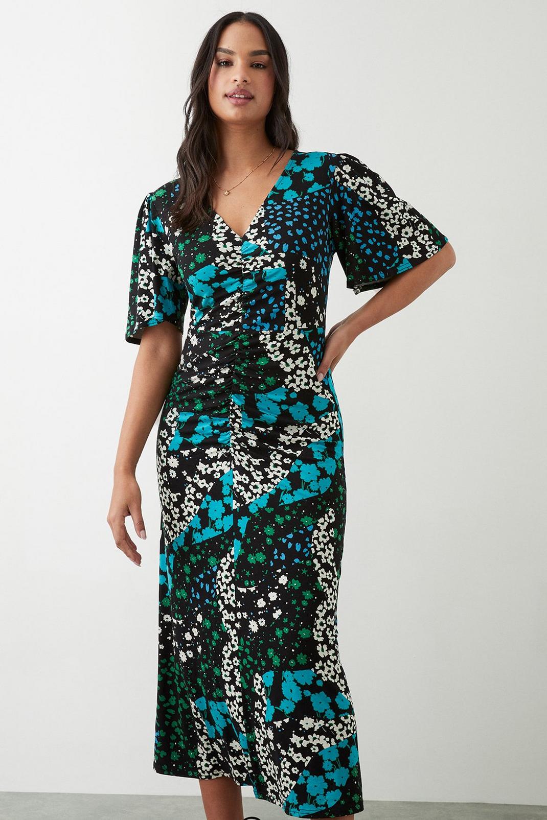 Angel Sleeve Multi Print Ruched Front Midi Dress image number 1