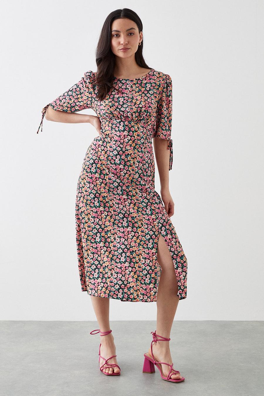 Petite Pink Ditsy Ruched Sleeve Midi Dress