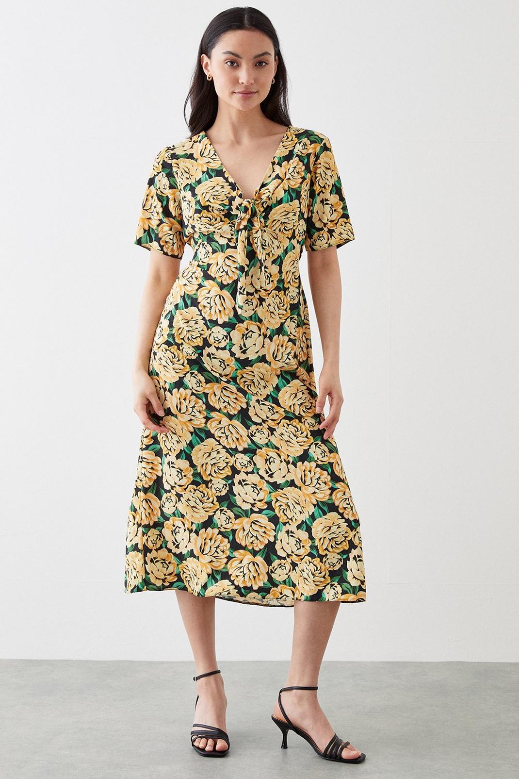 Petite Yellow Floral Tie Front Midi Dress image number 1