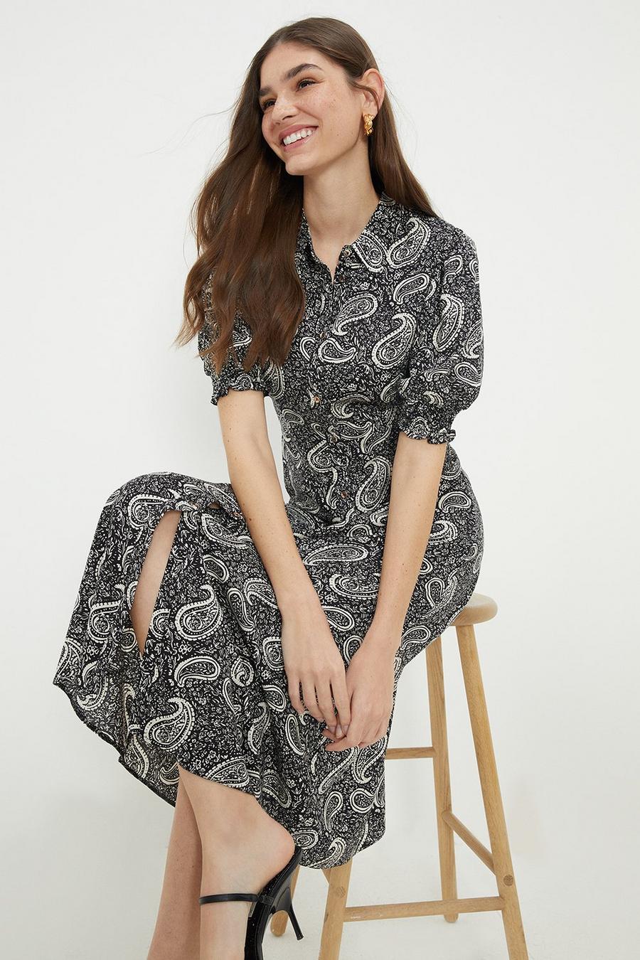 Mono Paisley Print Midi Shirt Dress