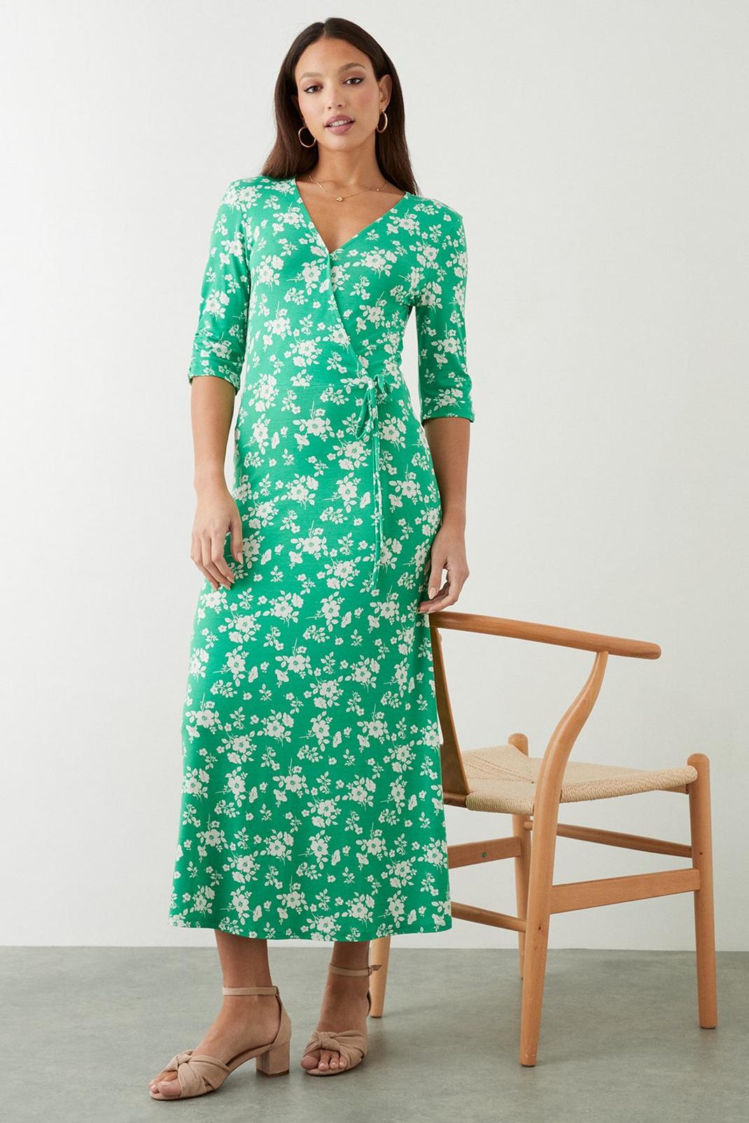 Tall Green Floral Wrap Midi Dress image number 1