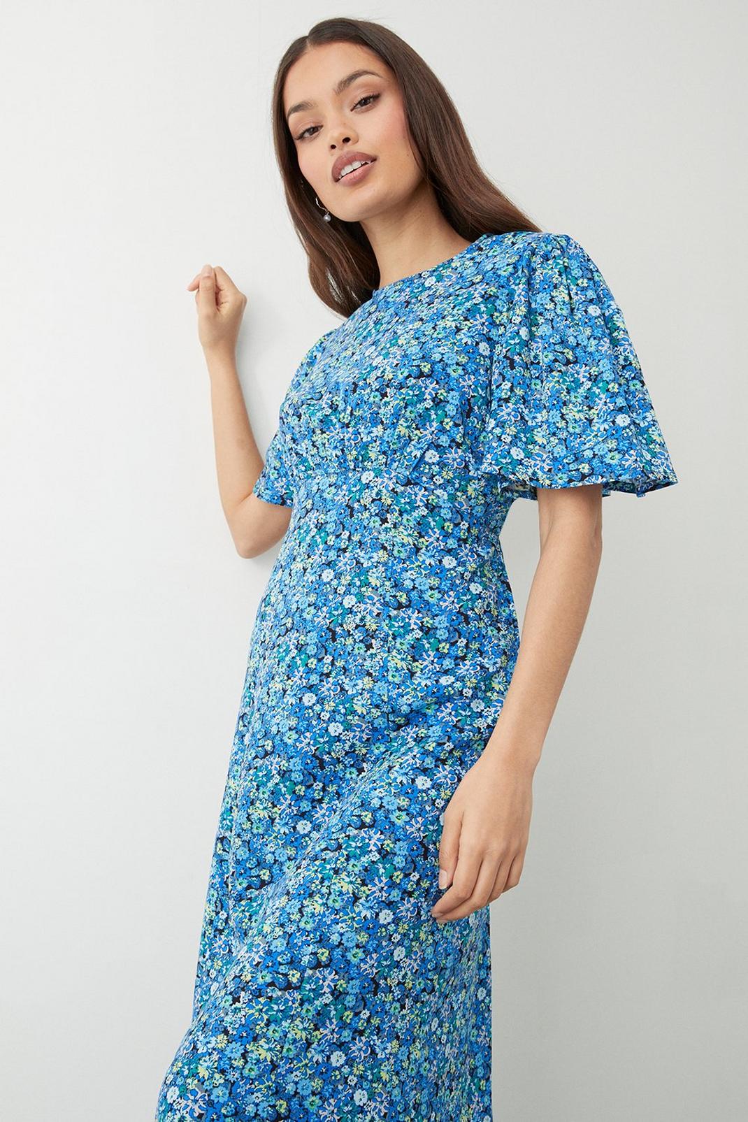 Petite Blue Ditsy Flutter Sleeve Midi Dress | Dorothy Perkins UK
