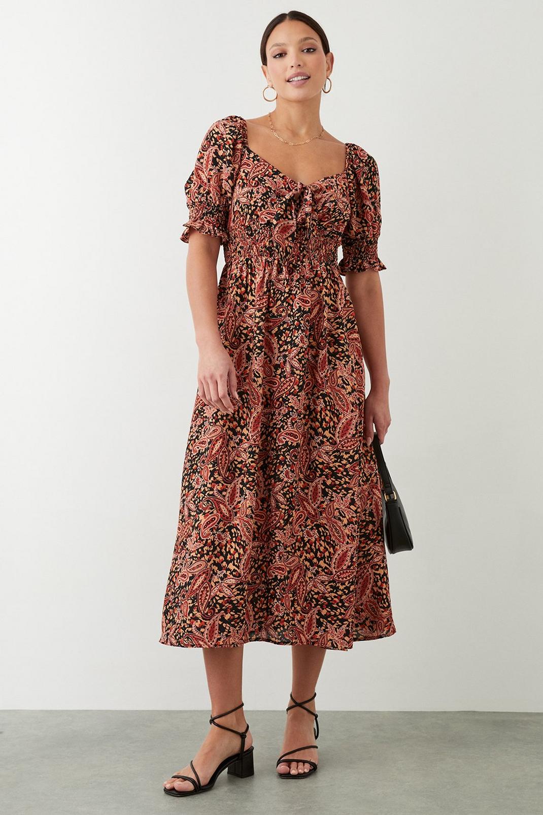 Multi Paisley Tie Front Shirred Midi Dress image number 1
